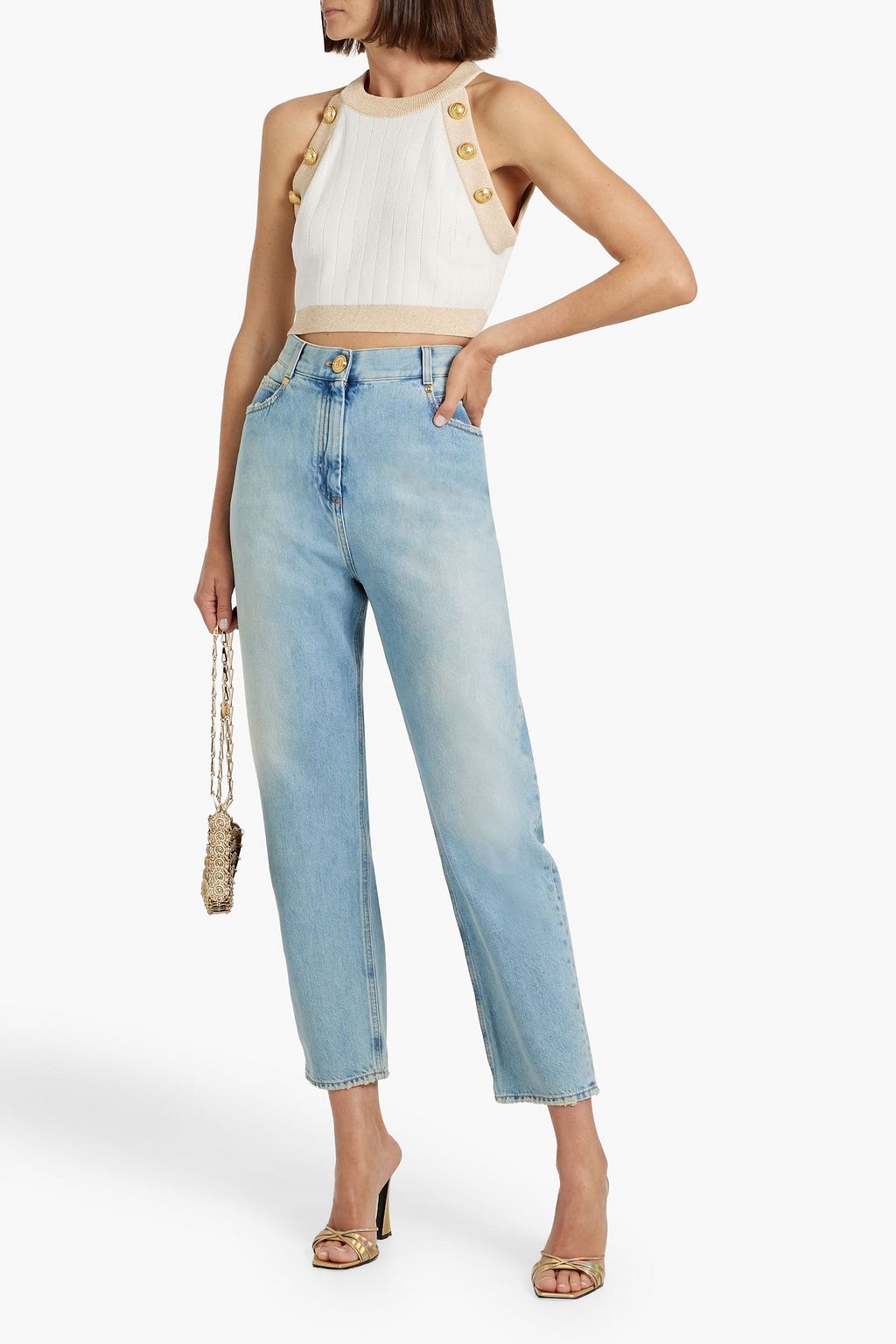 BALMAIN Distressed high-rise tapered jeans