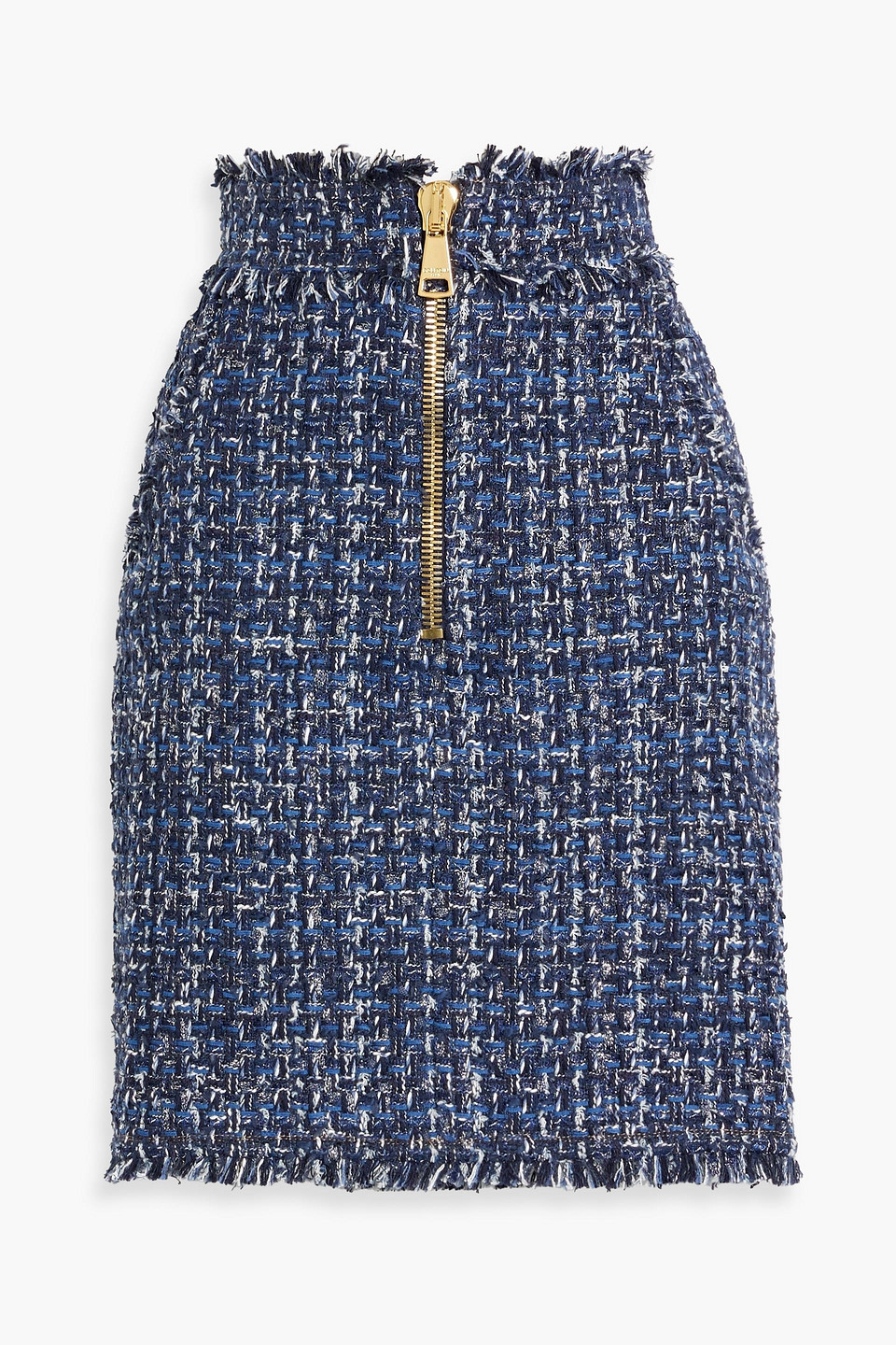 Balmain Frayed Metallic Bouclé-tweed Mini Skirt In Blue
