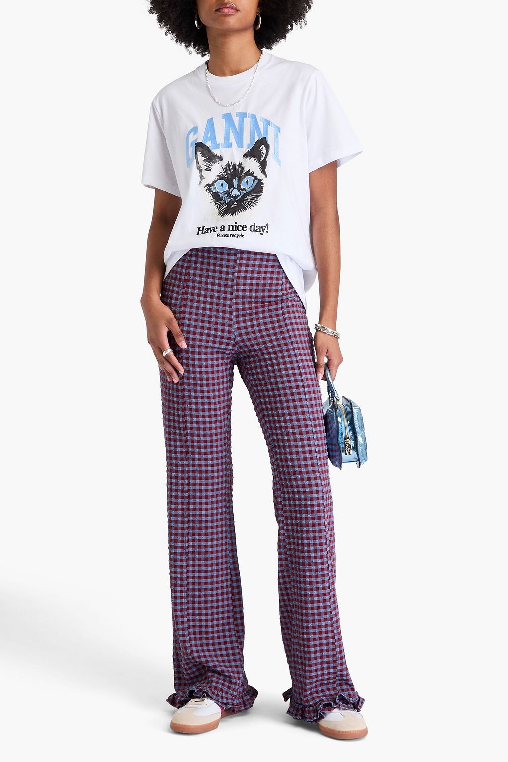 GANNI Gingham seersucker flared pants