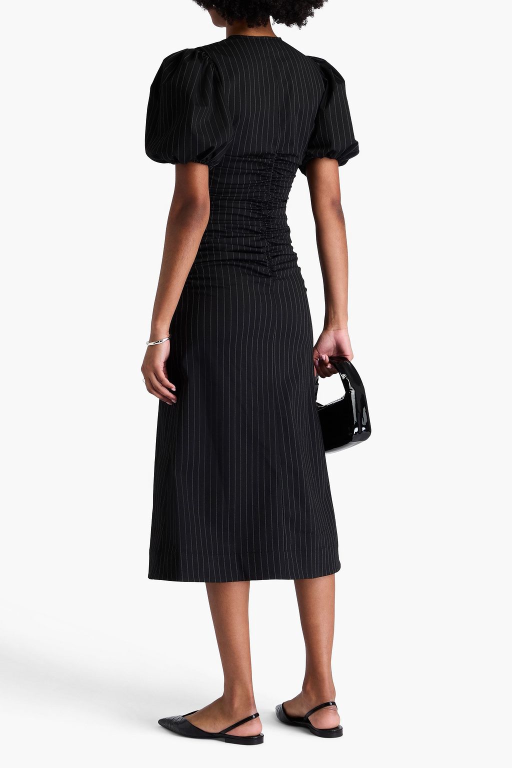 GANNI Ruched pinstriped stretch-twill midi dress