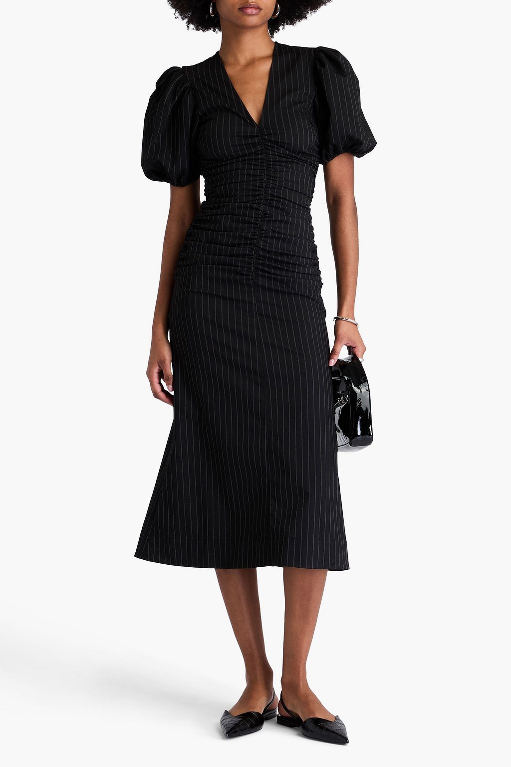 GANNI Ruched pinstriped stretch-twill midi dress