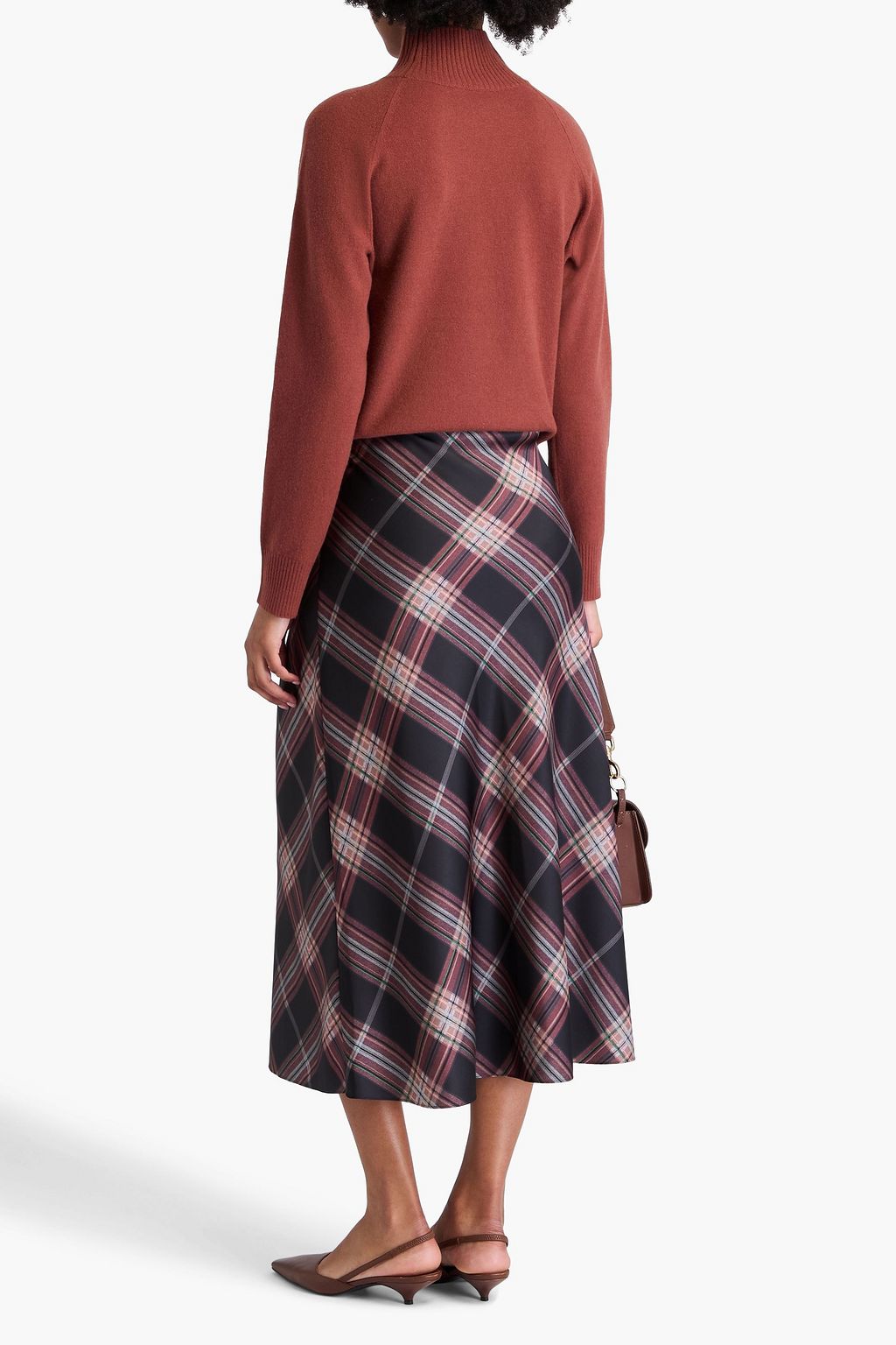 VINCE. Checked crepe-satin midi skirt