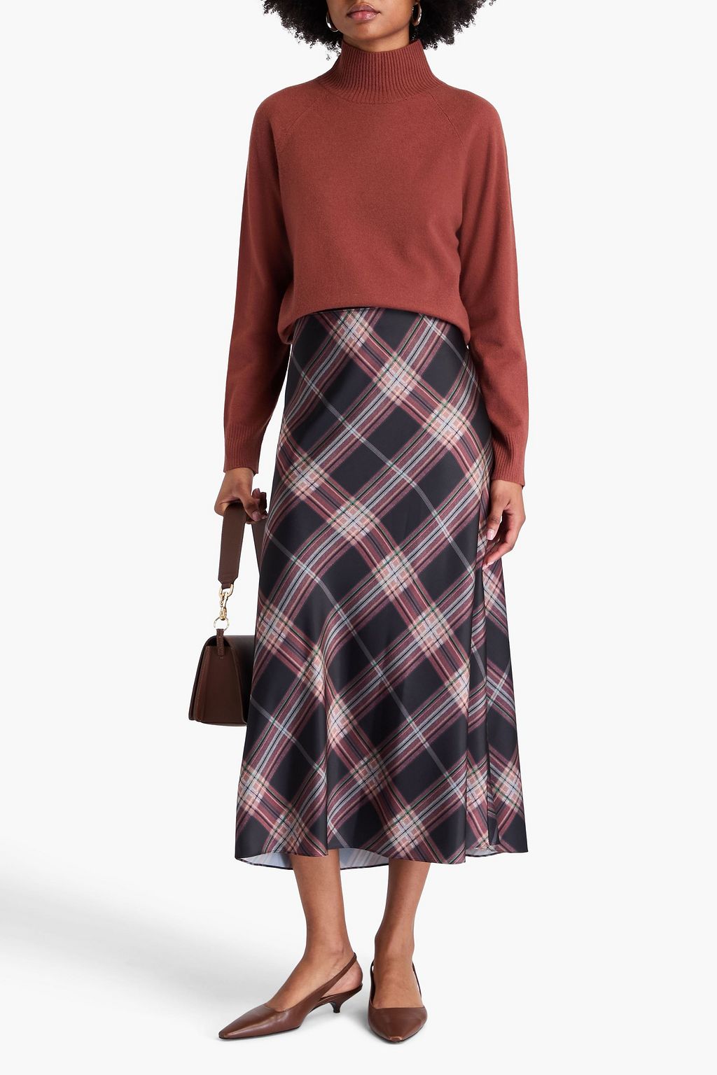 VINCE. Checked crepe-satin midi skirt