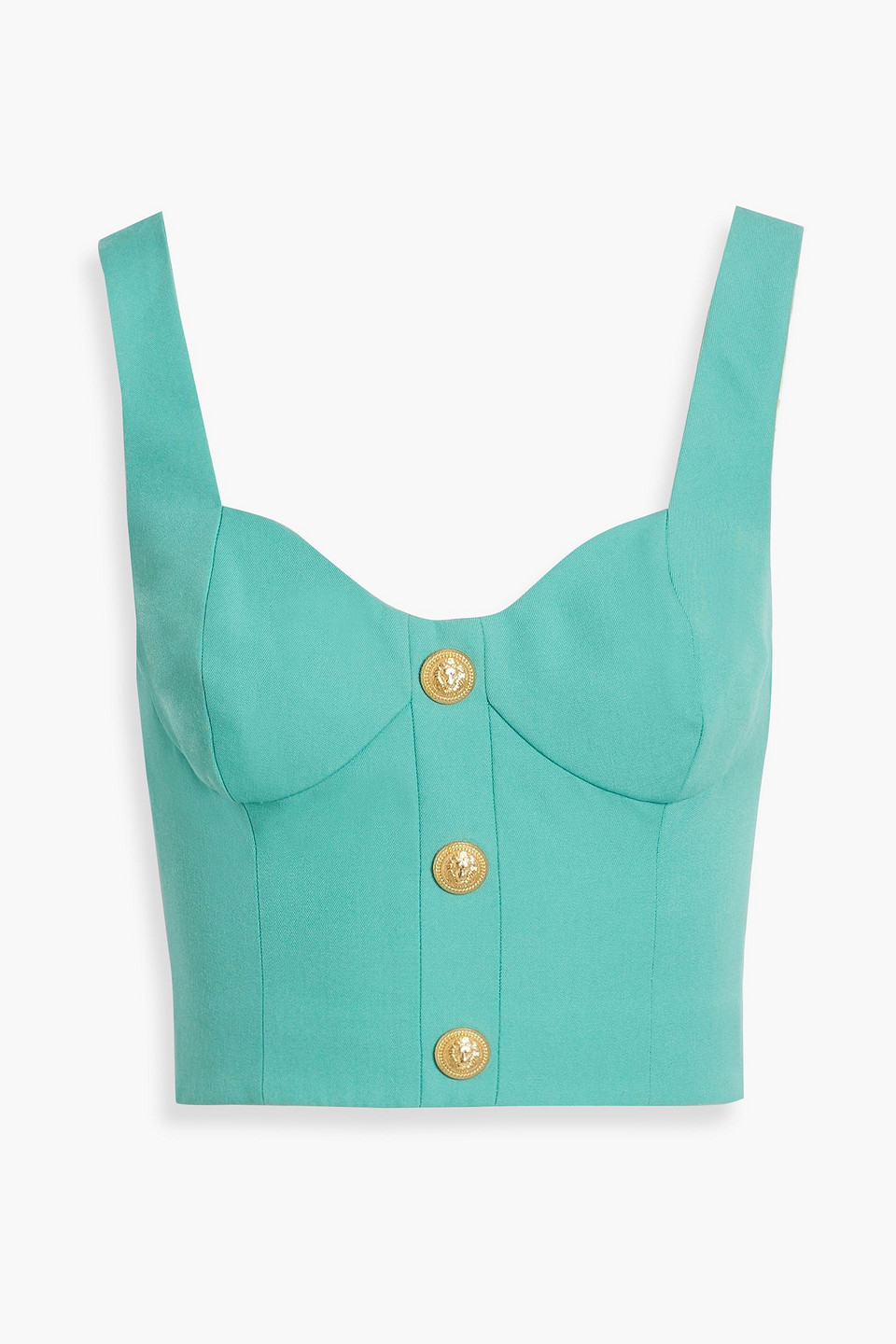 Balmain Cropped Grain De Poudre Wool Bustier Top In Green