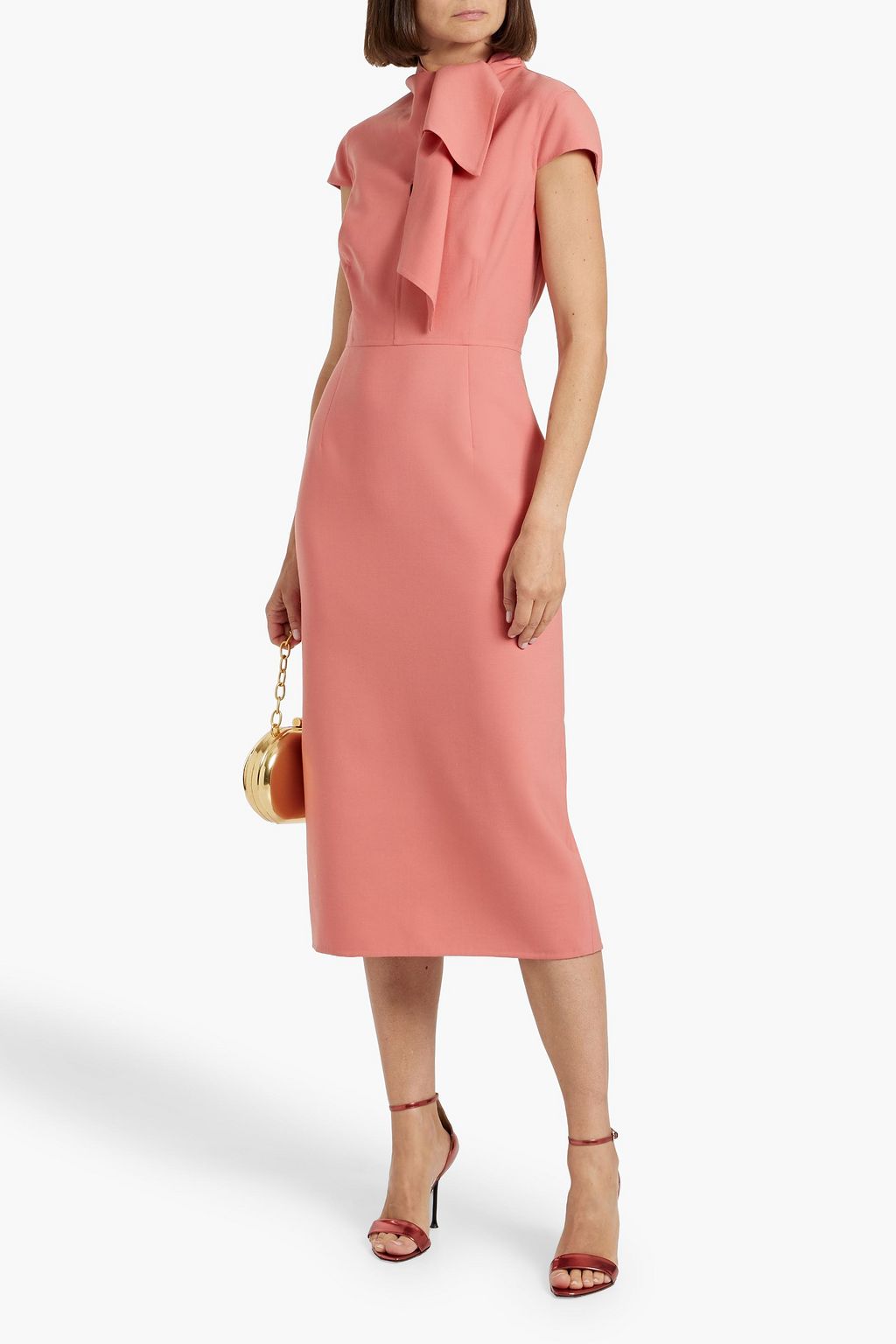 OSCAR DE LA RENTA Tie-neck grain de poudre wool-blend midi dress