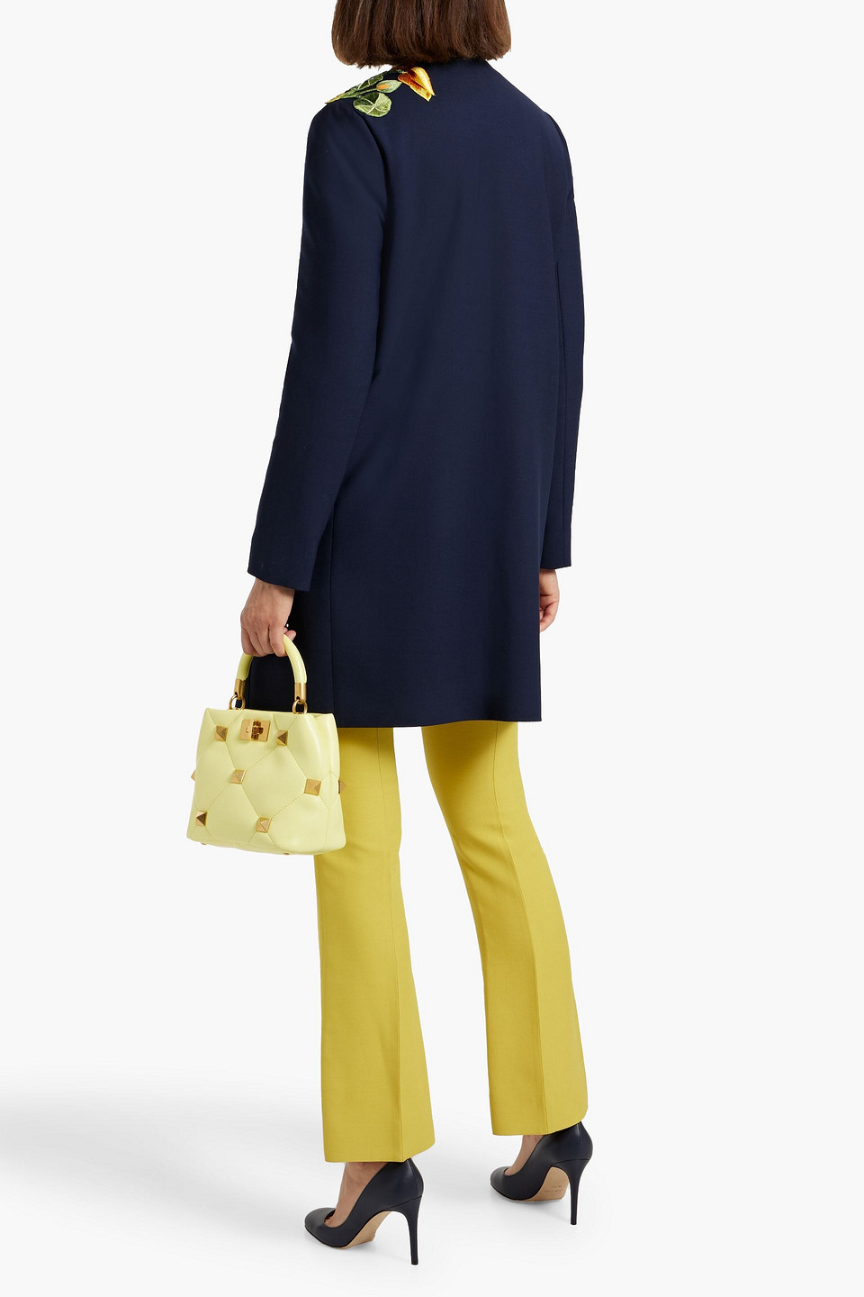 Oscar De La Renta Floral-appliquéd Grain De Poudre Wool-blend Coat In Blue