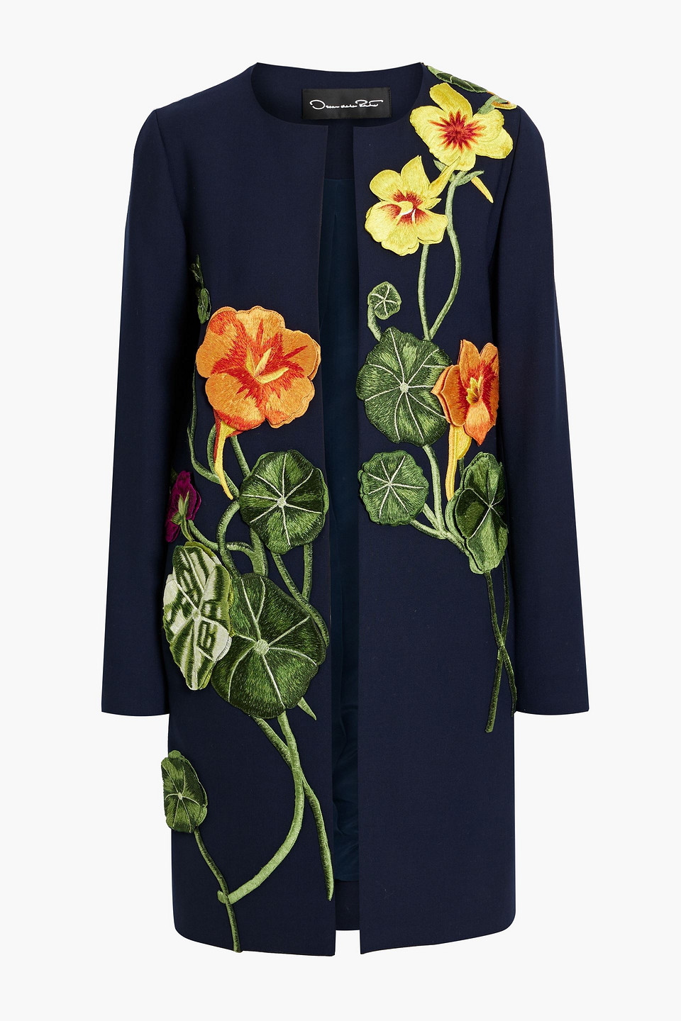 Oscar De La Renta Floral-appliquéd Grain De Poudre Wool-blend Coat In Blue