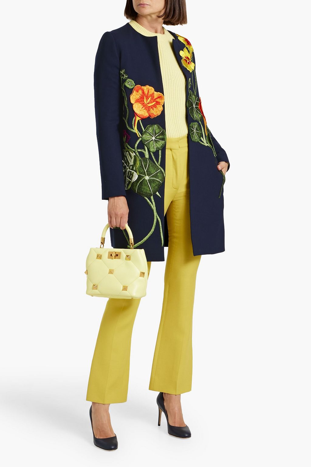 OSCAR DE LA RENTA Floral-appliquéd grain de poudre wool-blend coat