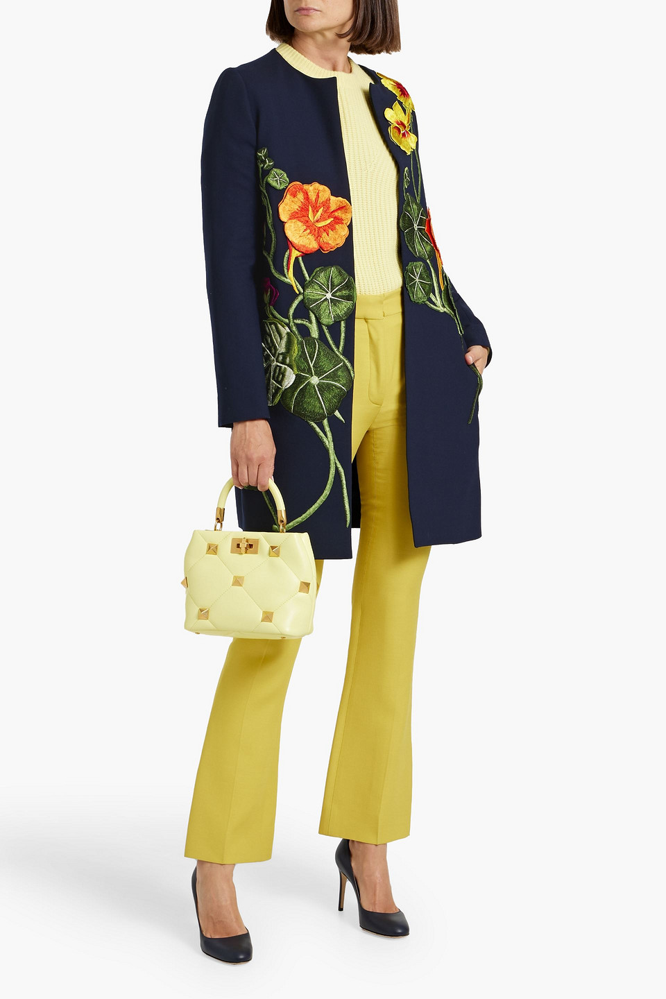 Oscar De La Renta Floral-appliquéd Grain De Poudre Wool-blend Coat In Blue