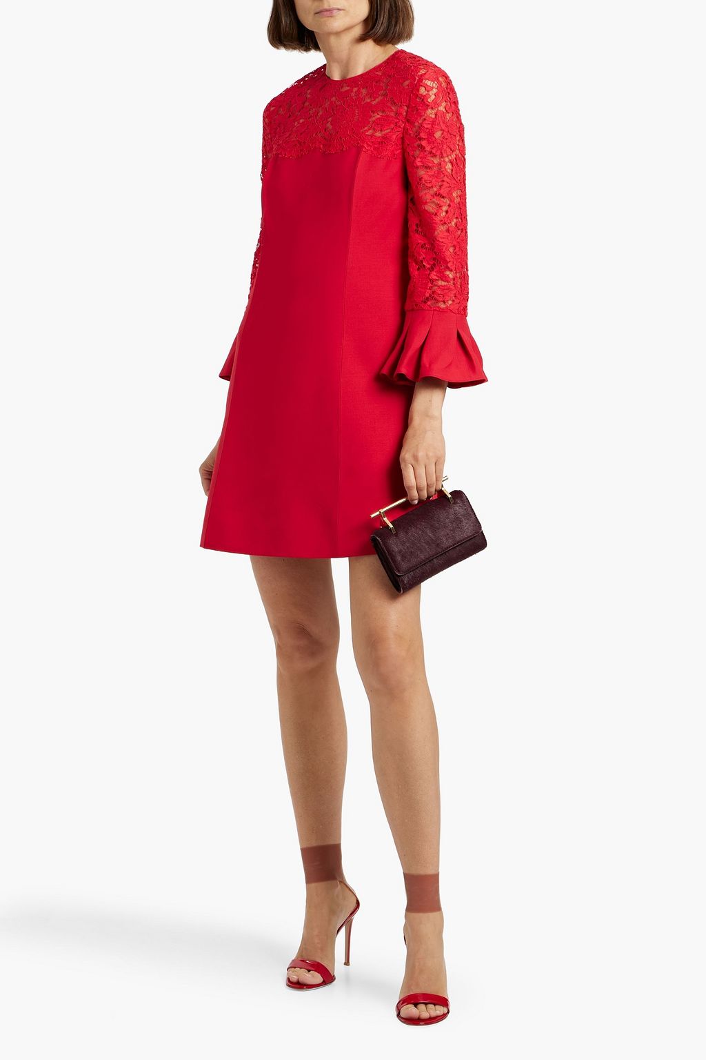 VALENTINO GARAVANI Lace-paneled wool and silk-blend crepe mini dress