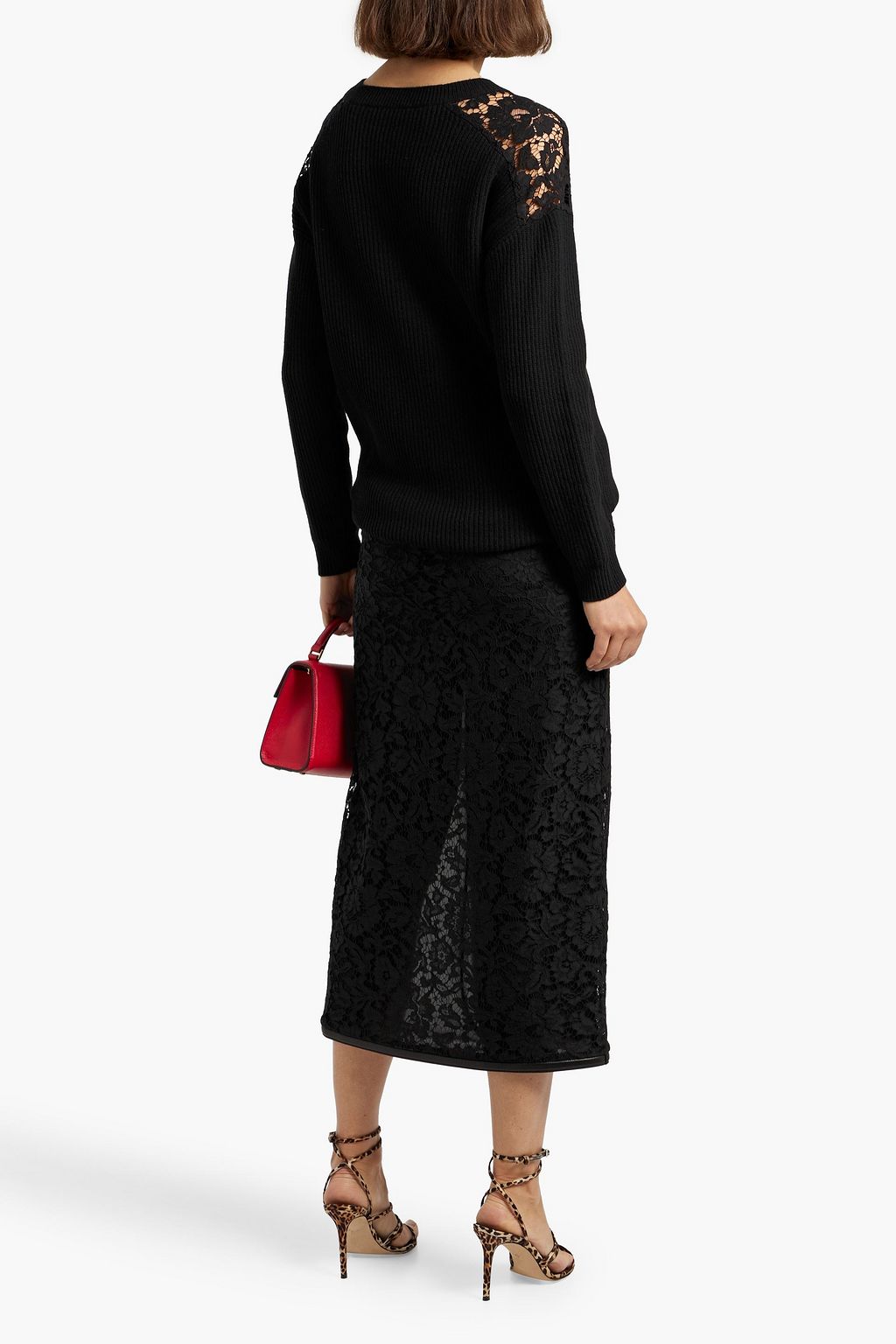 VALENTINO GARAVANI Lace-paneled ribbed wool and cashmere-blend sweater