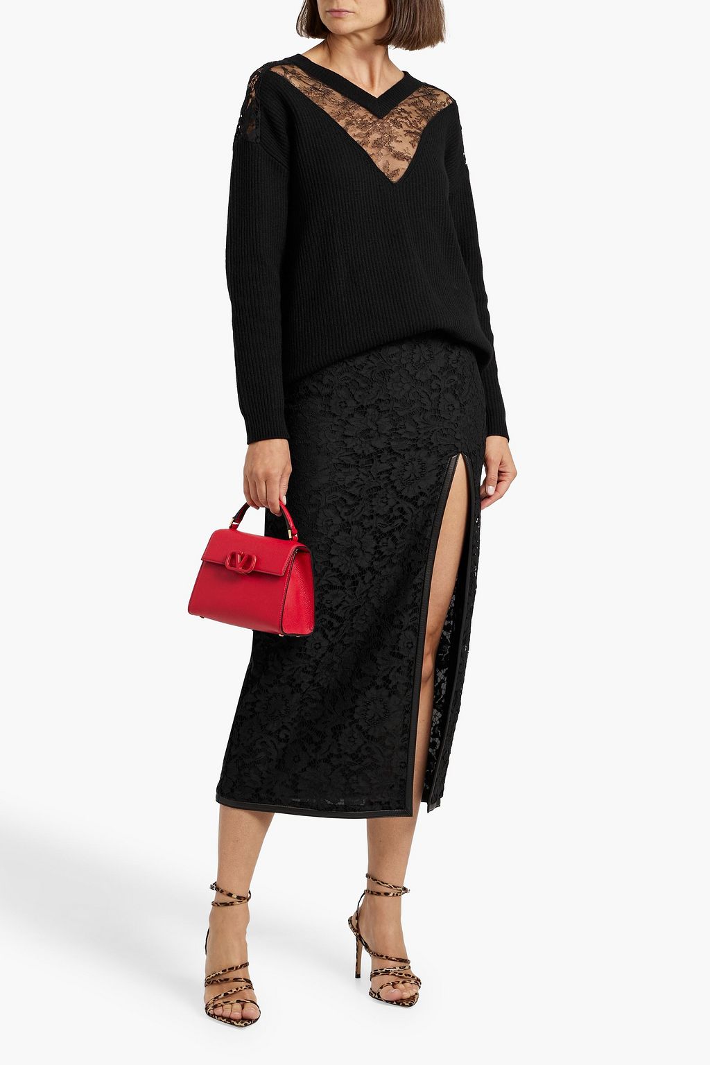 VALENTINO GARAVANI Lace-paneled ribbed wool and cashmere-blend sweater