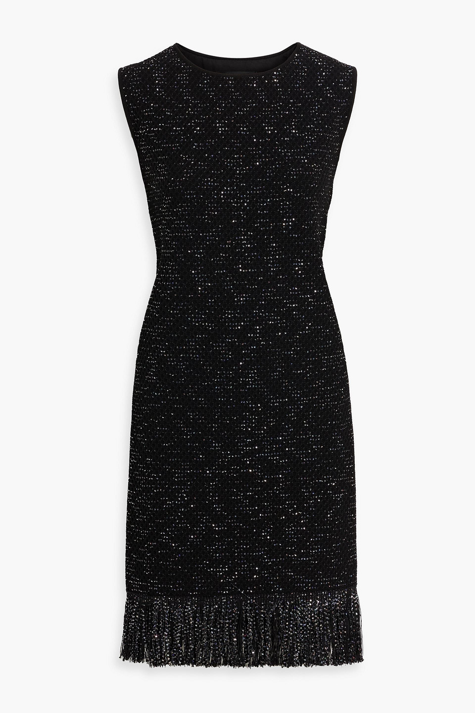 Oscar De La Renta Tweed Textured Sleeveless Fringed Mini Dress In Black