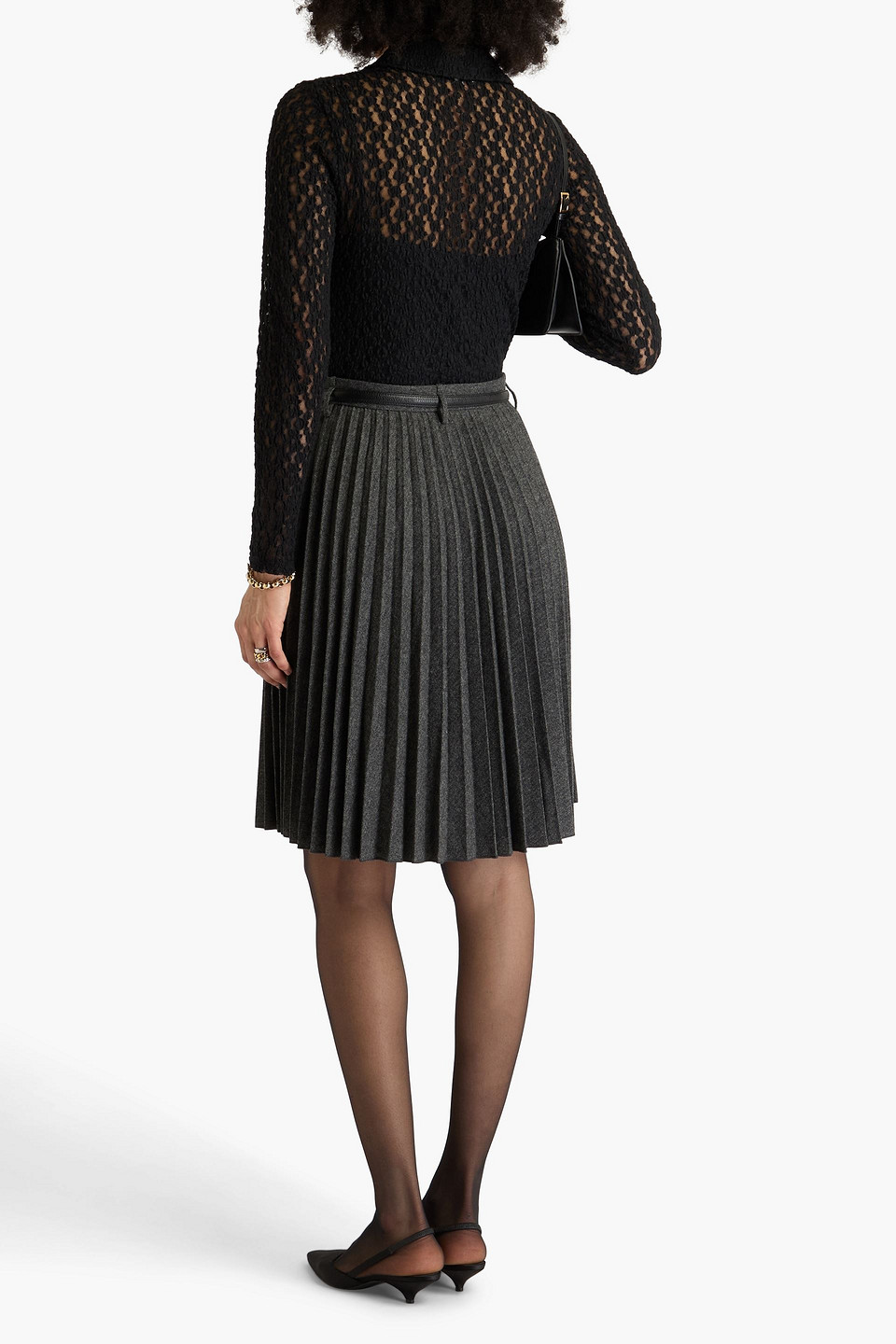 Vince Mid Rise Pleated Herringbone Midi Skirt In Gray