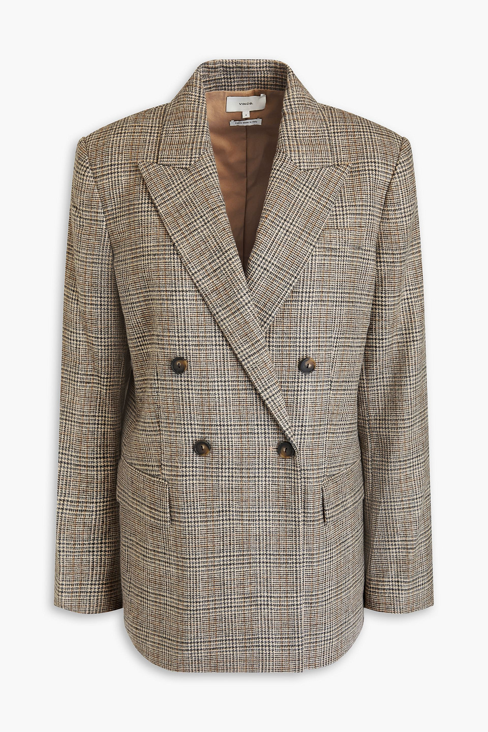 Vince Double-breasted Checked Wool-blend Flannel Blazer In Brown