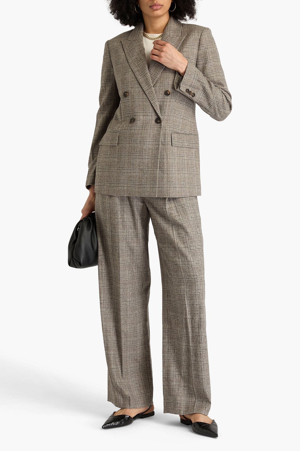 Vince Double-breasted Checked Wool-blend Flannel Blazer In Brown