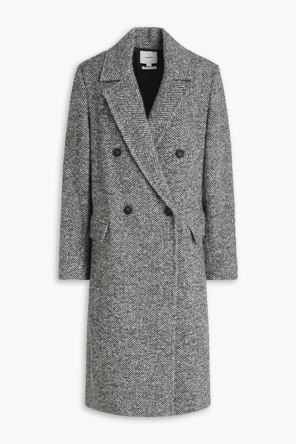 Vince Herringbone Tweed Double Breasted Coat In Gray