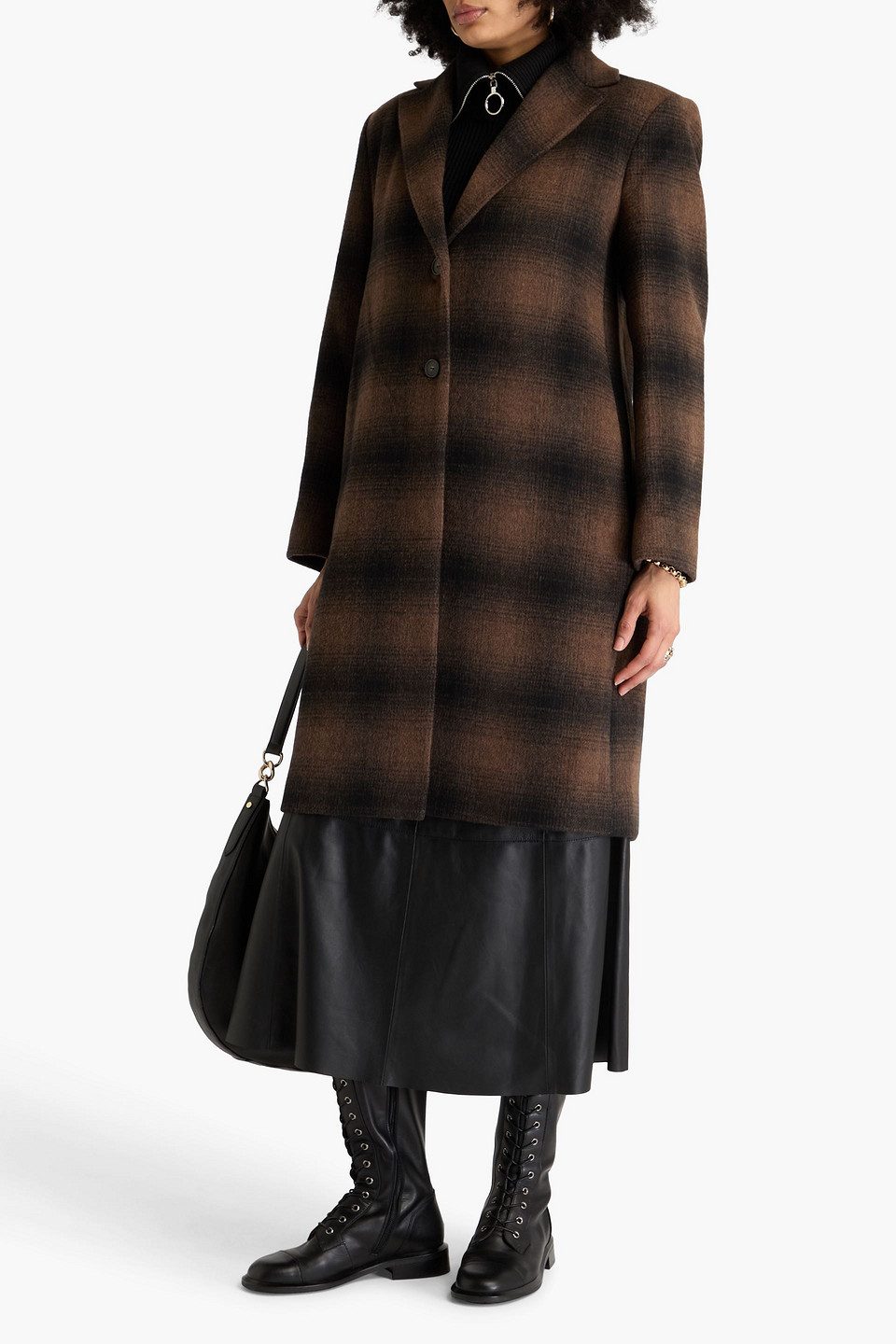  Vince. - Checked Wool-blend Felt Coat - Brown - L 