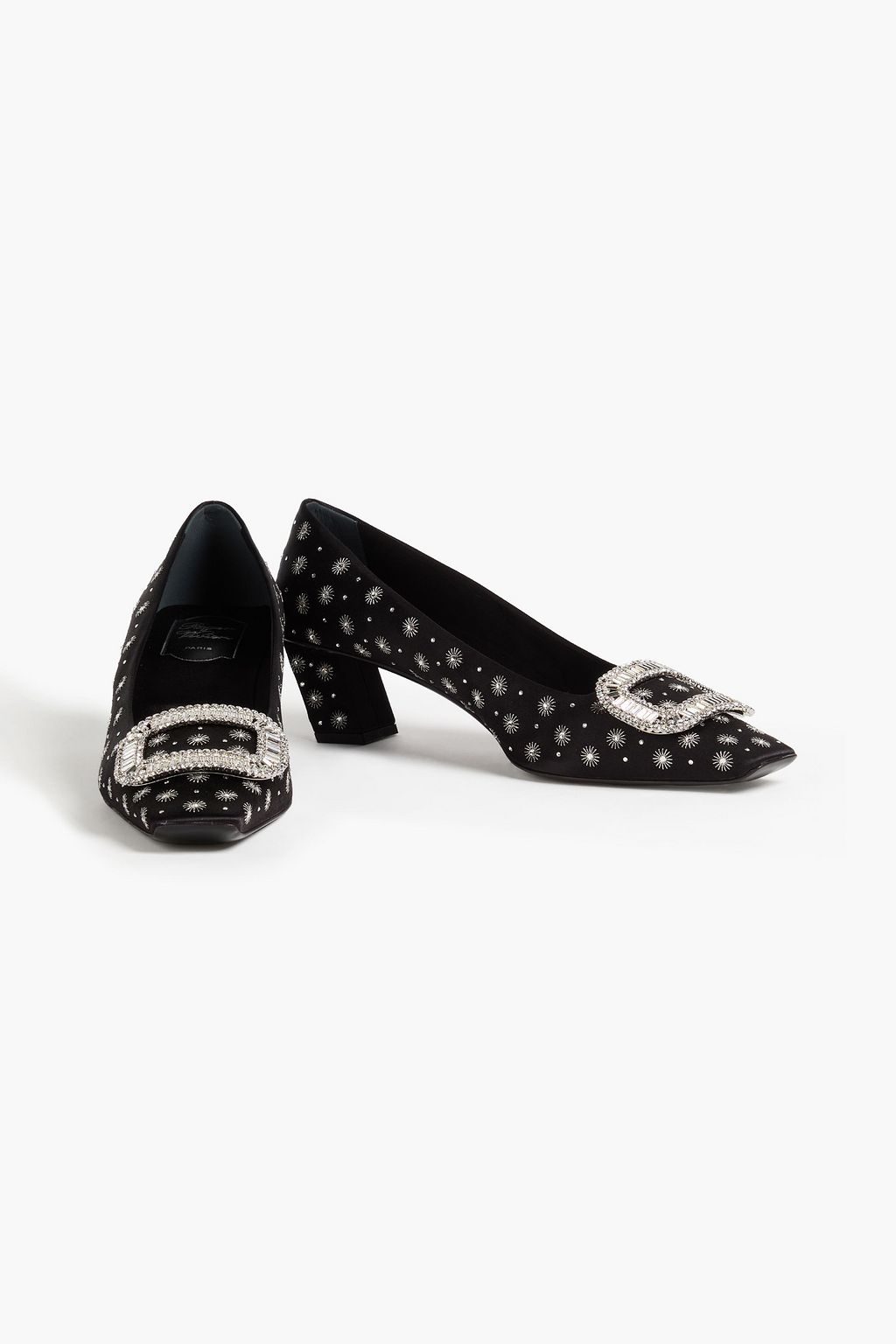 ROGER VIVIER حذاء بكعب عالٍ تريس فيفيير ستراس من الساتان بتصميم مزركش