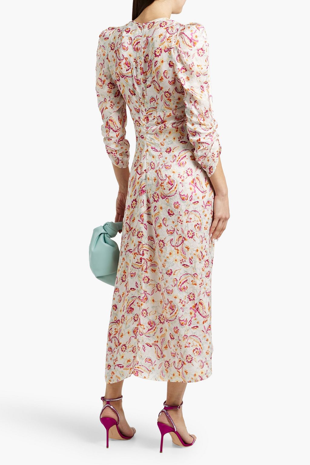 ISABEL MARANT Ruched printed satin-jacquard midi dress