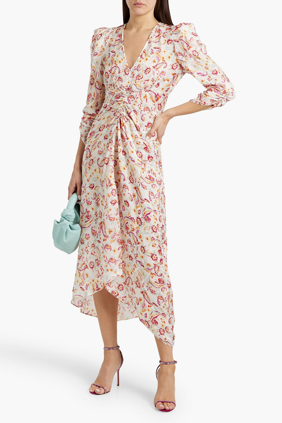 ISABEL MARANT RUCHED PRINTED SATIN-JACQUARD MIDI DRESS