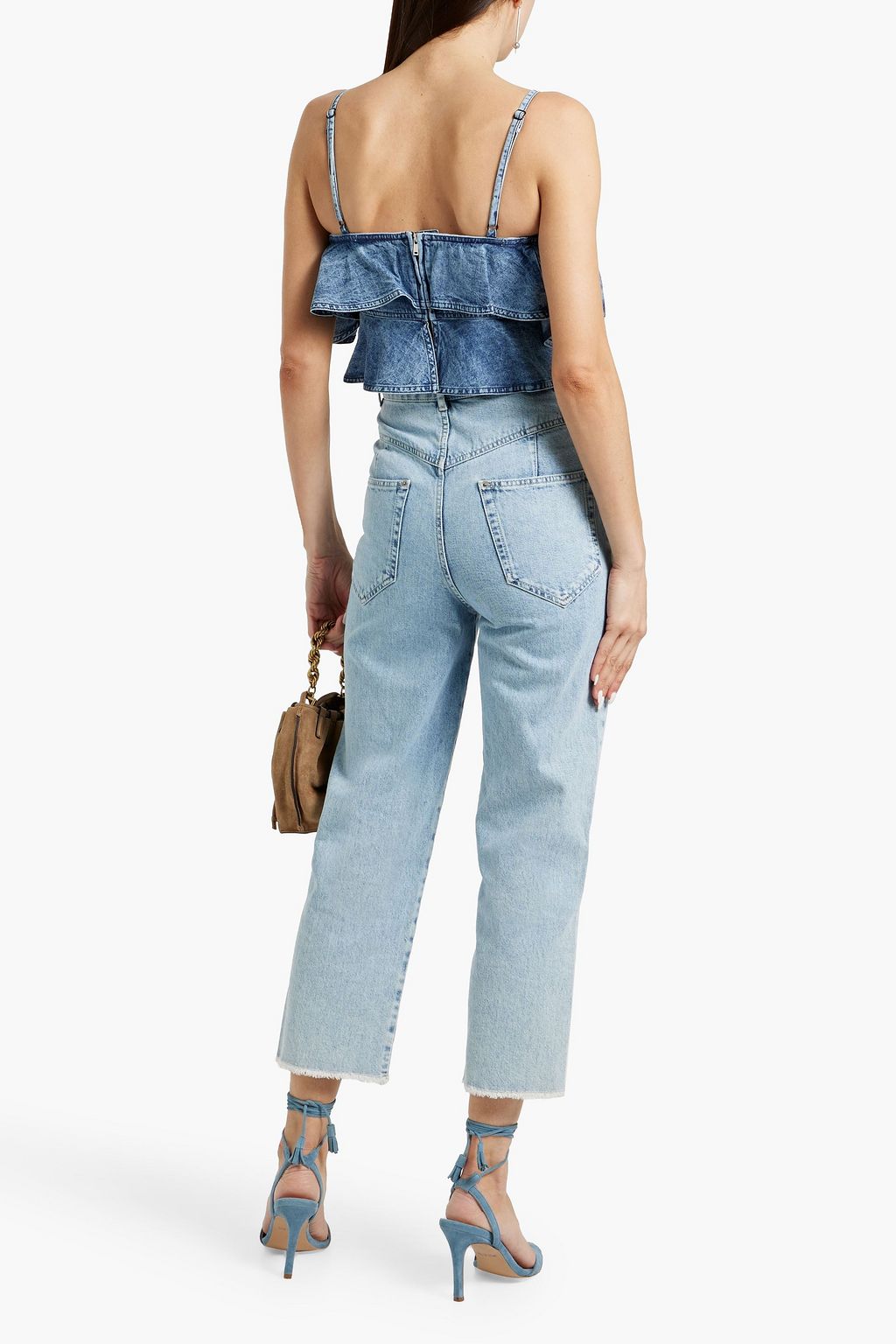 MARANT ÉTOILE Voloteo cropped cold-shoulder ruffled denim top
