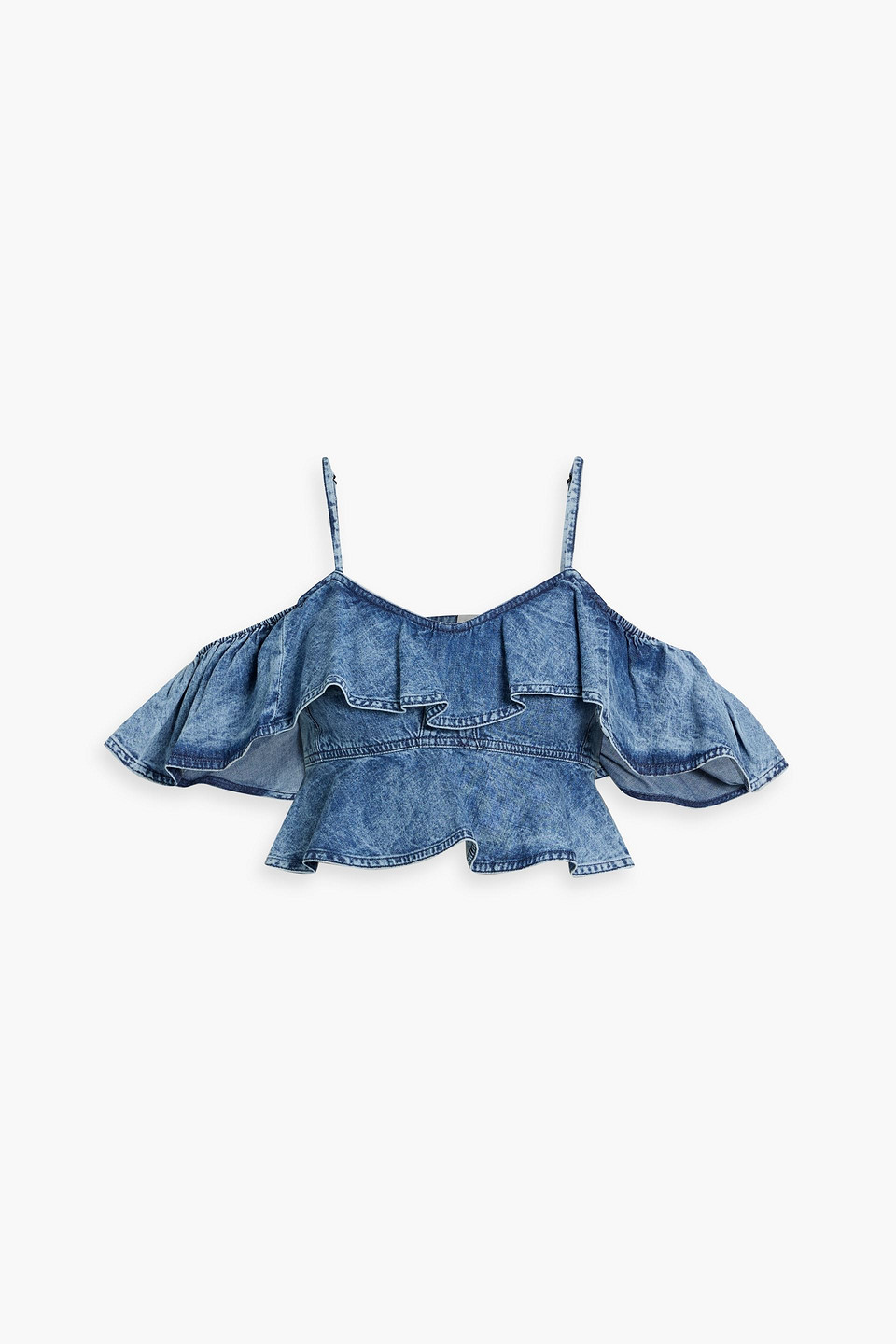Isabel Marant Étoile Voloteo Cropped Cold-shoulder Ruffled Denim Top