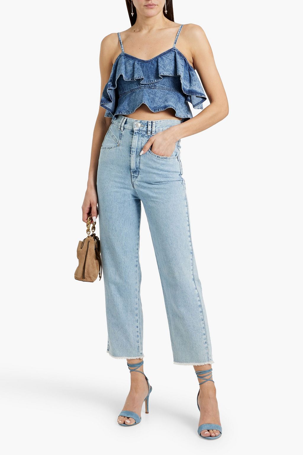 MARANT ÉTOILE Voloteo cropped cold-shoulder ruffled denim top