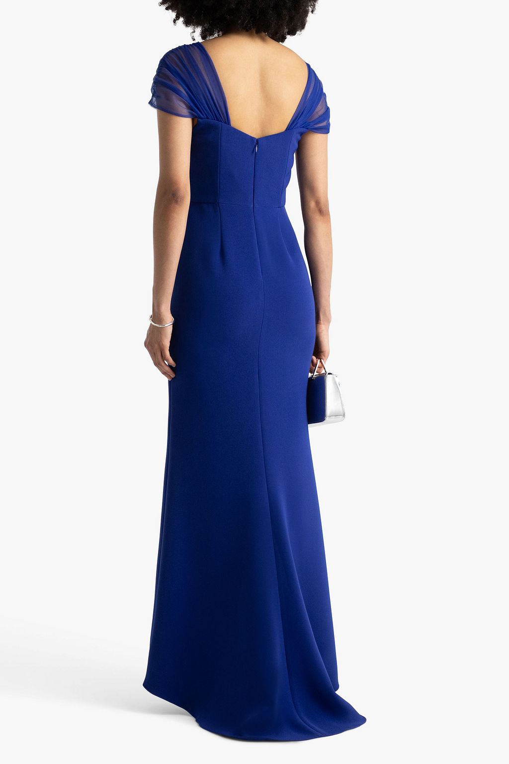 BADGLEY MISCHKA Tulle-trimmed draped crepe gown