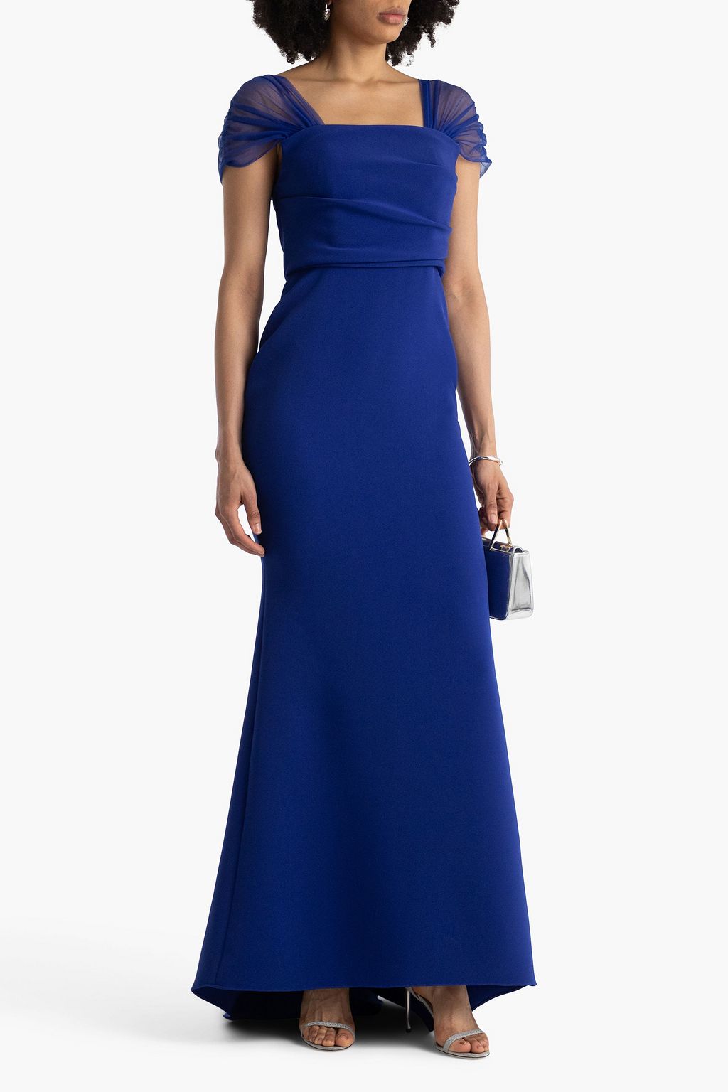 BADGLEY MISCHKA Tulle-trimmed draped crepe gown