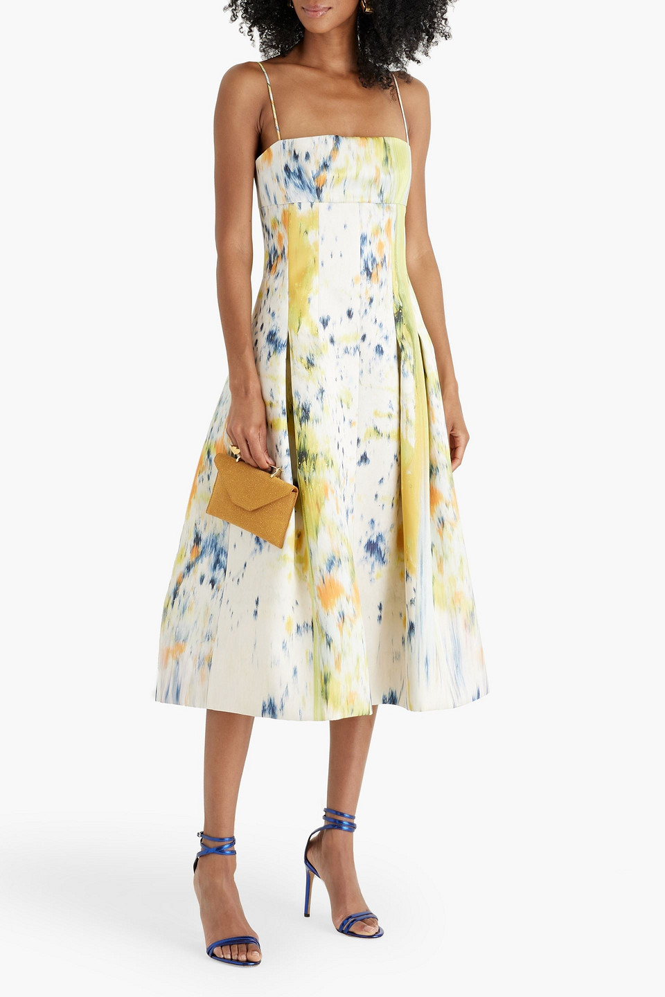 Oscar De La Renta Pleated Printed Satin Midi Dress In Green