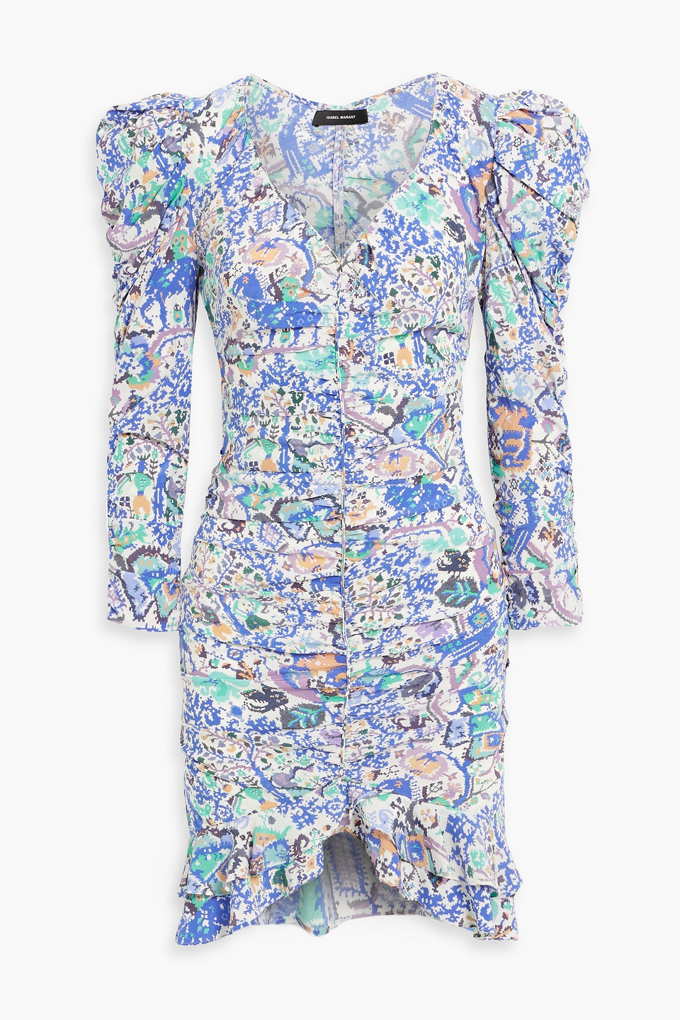 Isabel Marant Bireya Ruched Printed Stretch-silk Mini Dress
