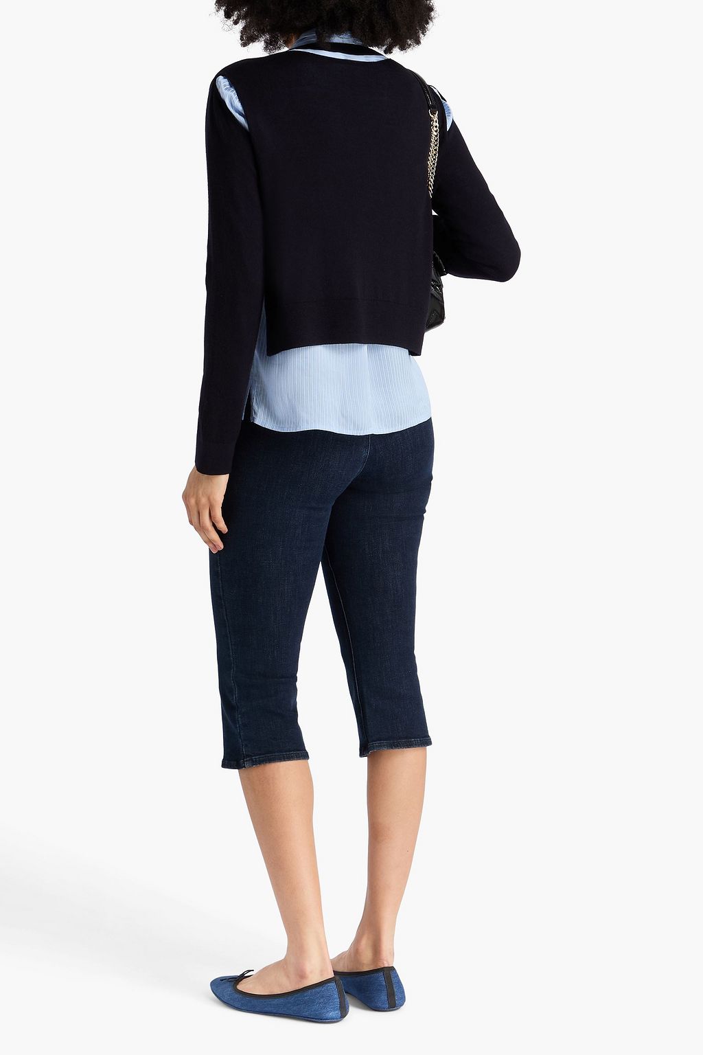 TORY BURCH Layered cutout merino wool and striped satin-crepe cardigan