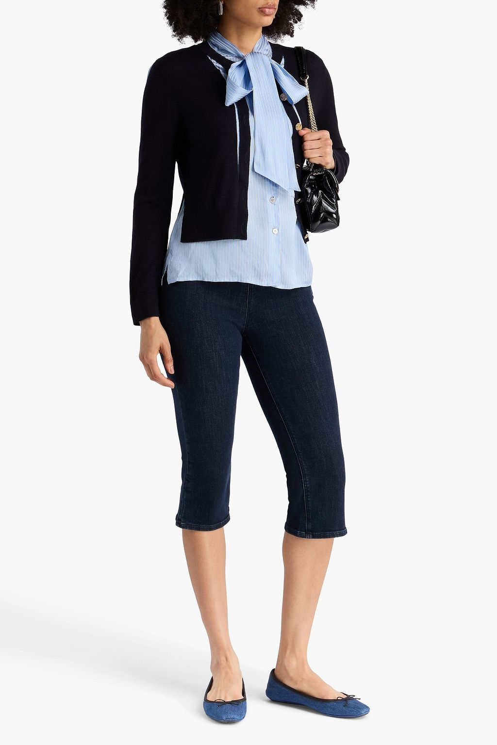 TORY BURCH Layered cutout merino wool and striped satin-crepe cardigan