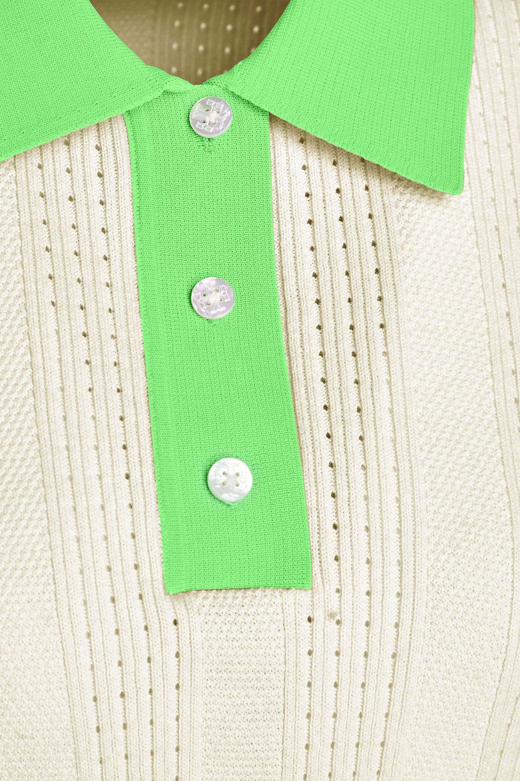 TORY BURCH Two-tone pointelle-knit cotton polo shirt
