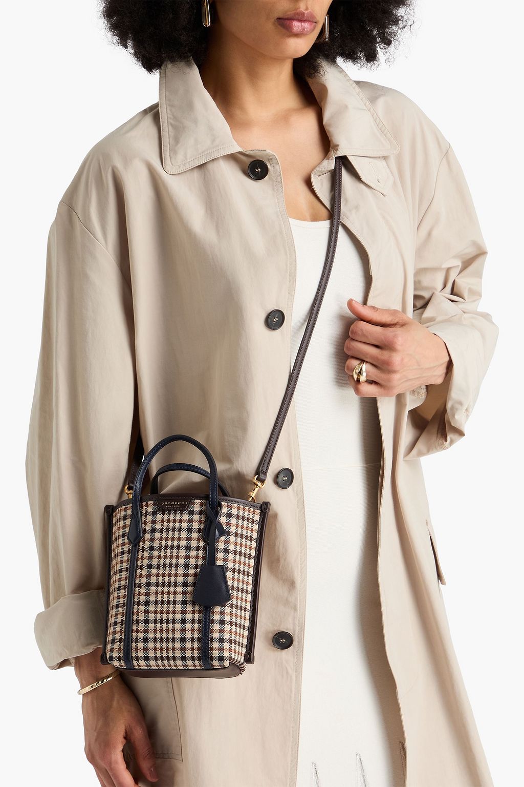 TORY BURCH キャンバス バケットバッグ レザートリム チェック