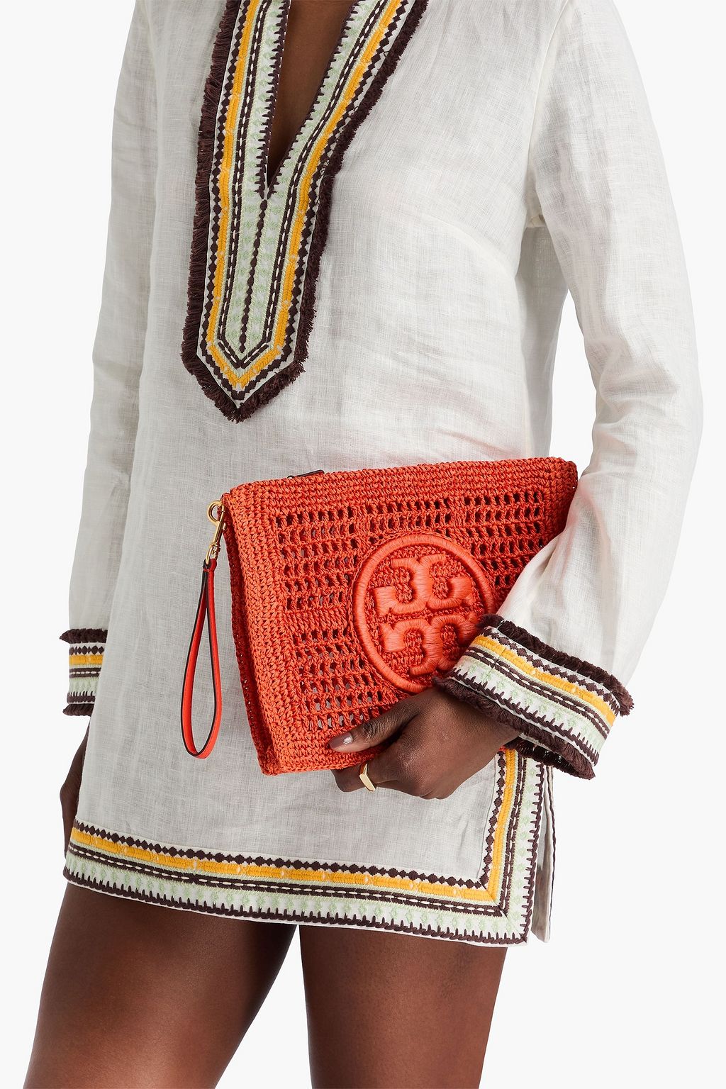 TORY BURCH Ella faux straw pouch