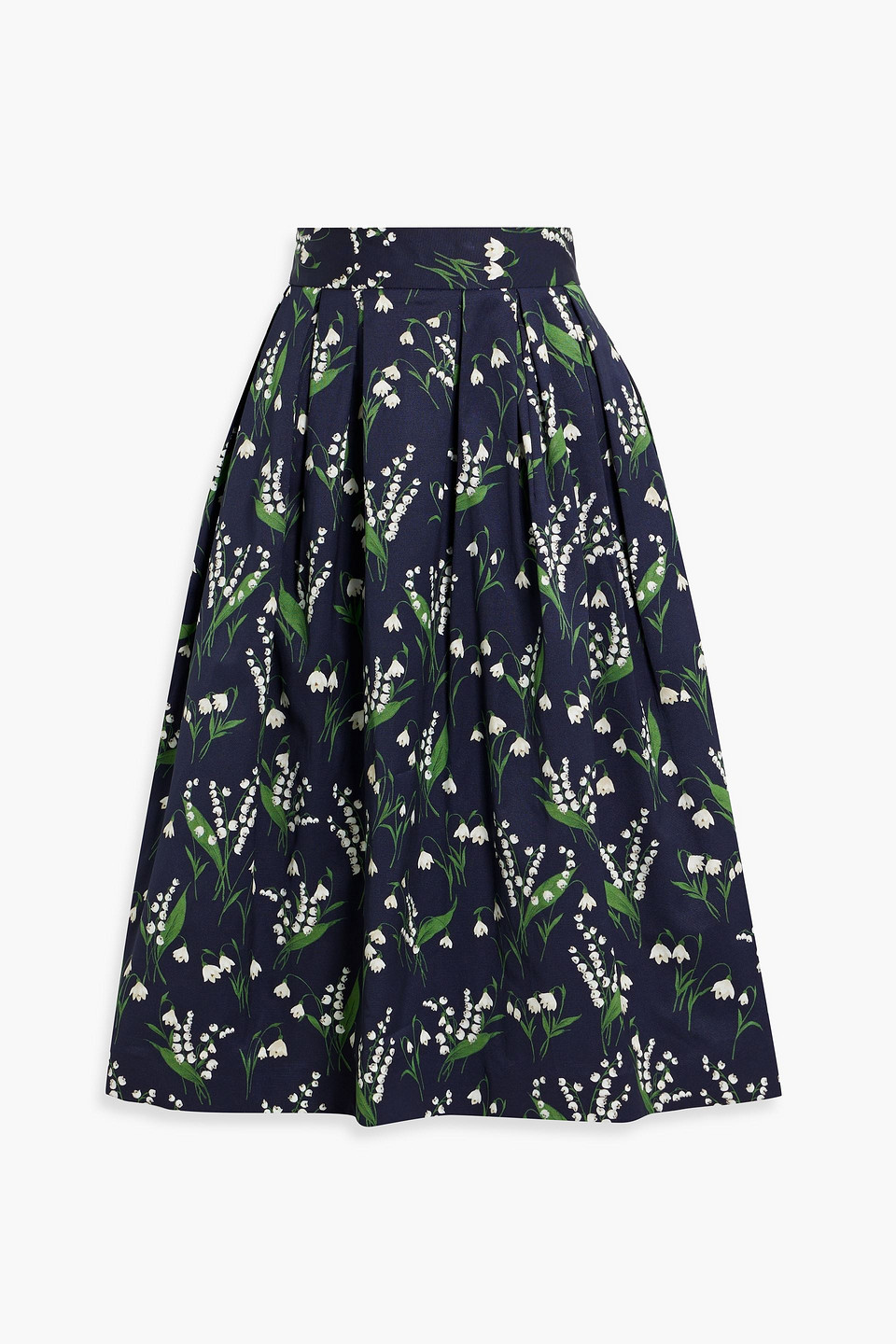Pleated floral-print faille midi skirt