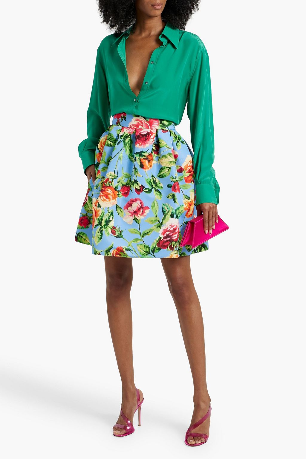CAROLINA HERRERA Pleated floral-print faille mini skirt
