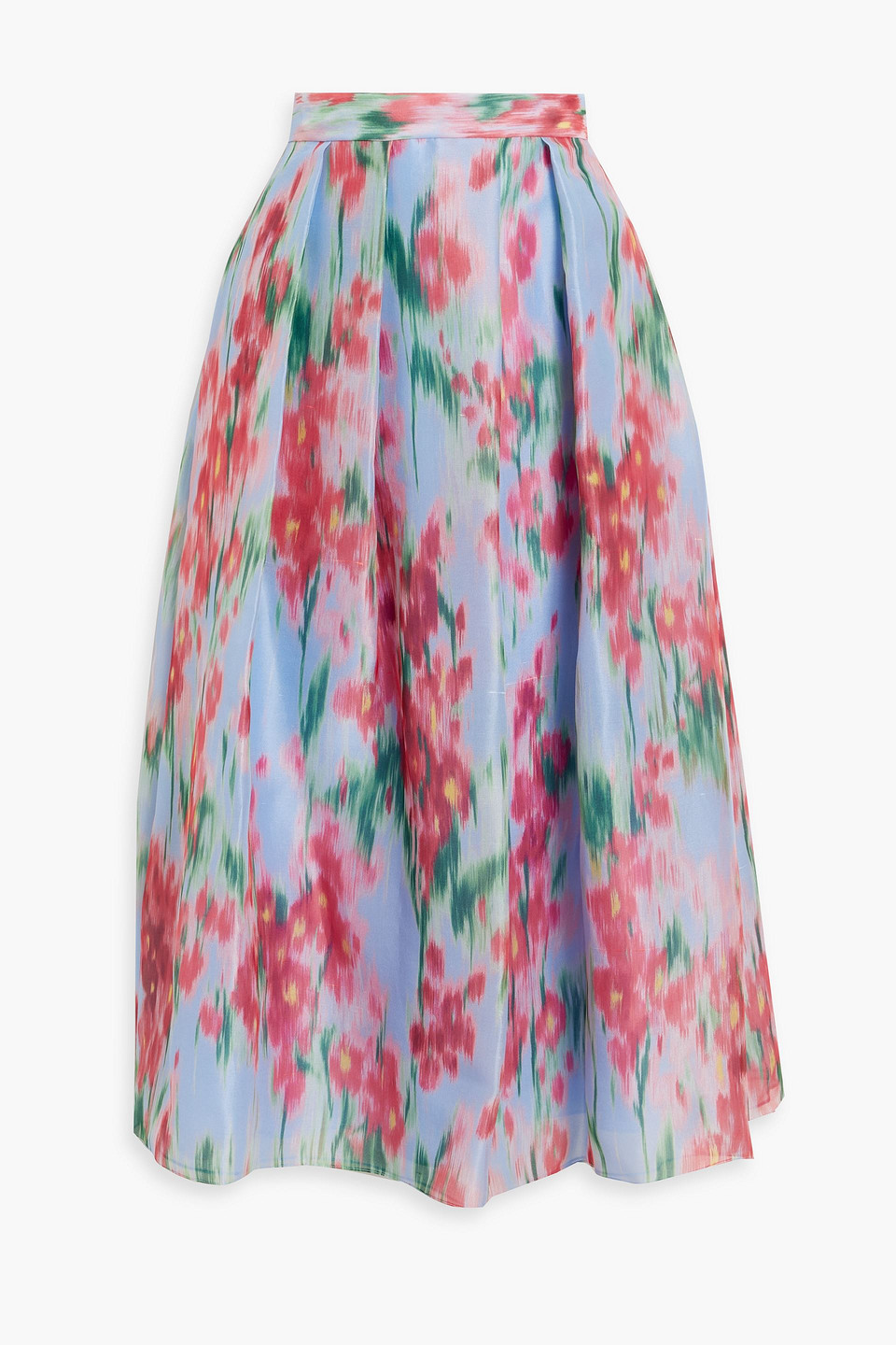 Pleated printed silk-organza midi skirt