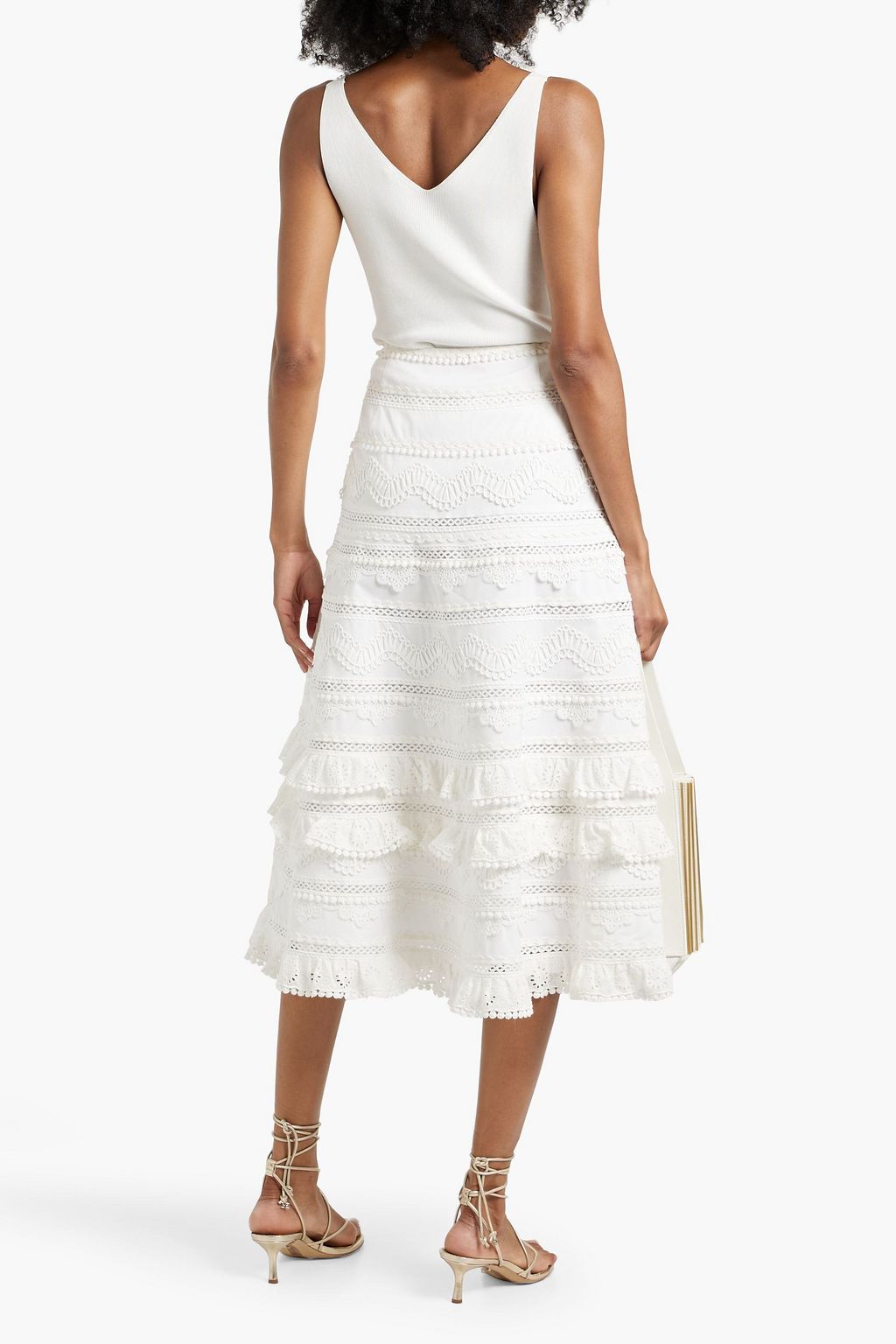 CAROLINA HERRERA Guipure lace-trimmed cotton-poplin midi skirt
