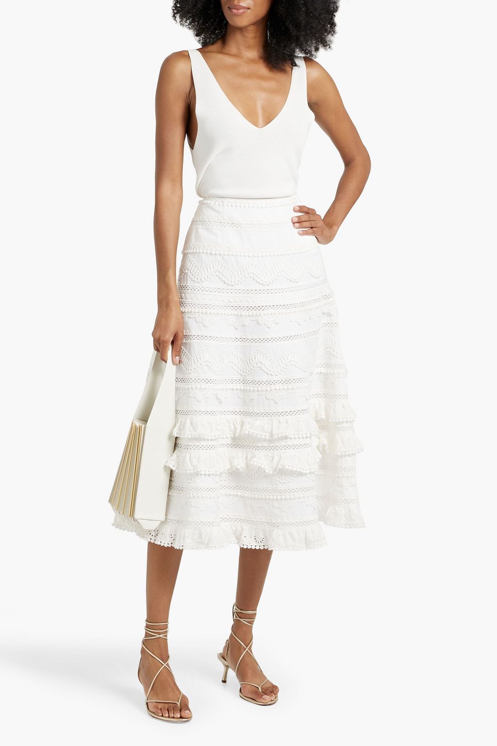CAROLINA HERRERA Guipure lace-trimmed cotton-poplin midi skirt