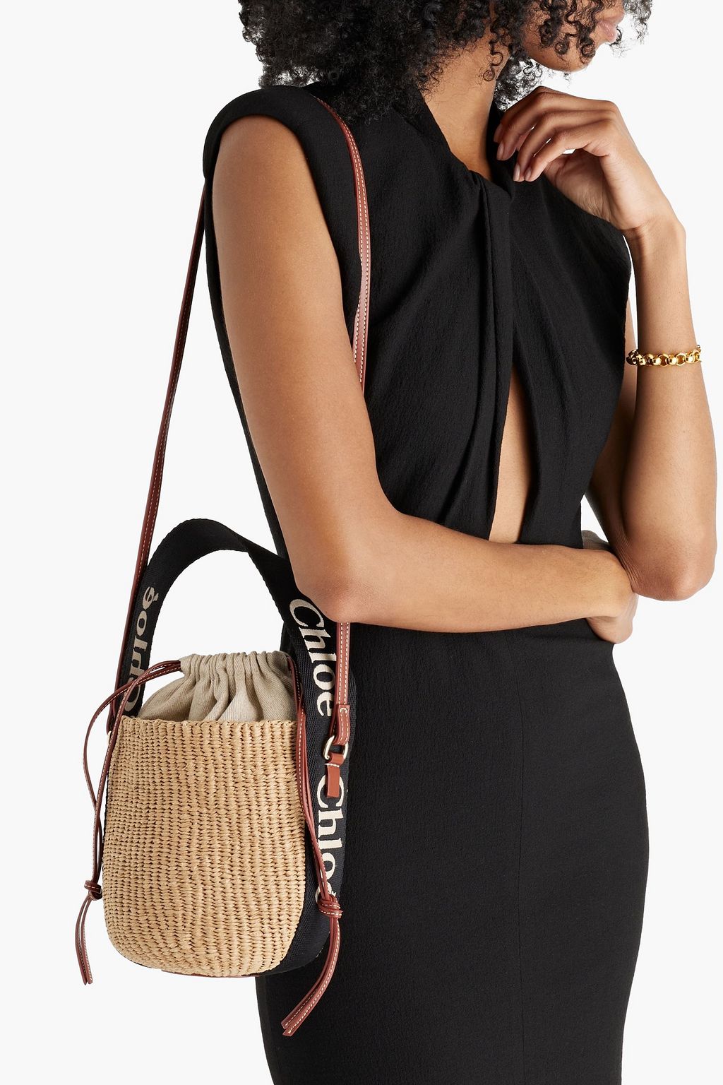 CHLOÉ Woody leather-trimmed woven bucket bag