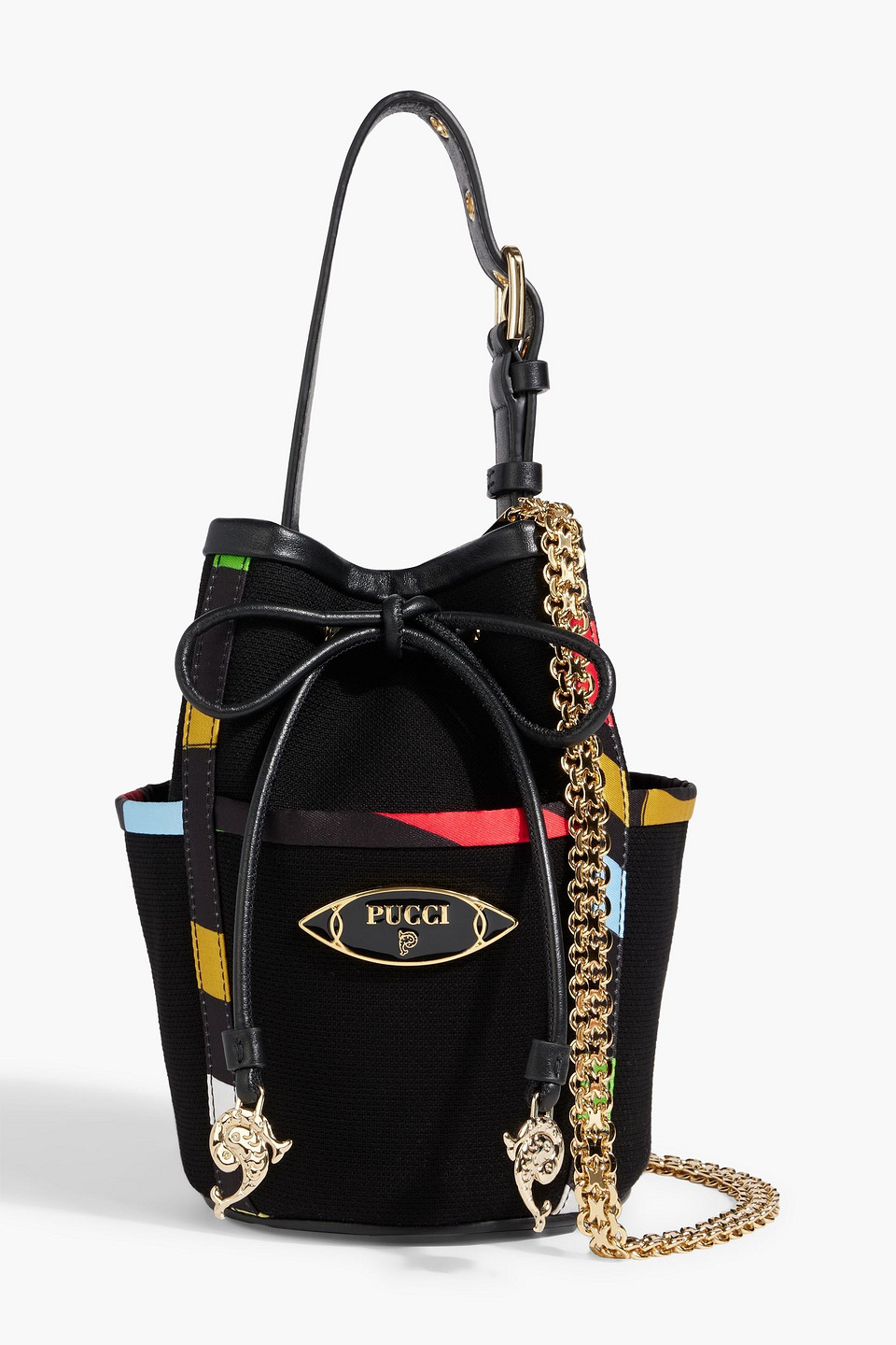 Leather-trimmed cotton bucket bag