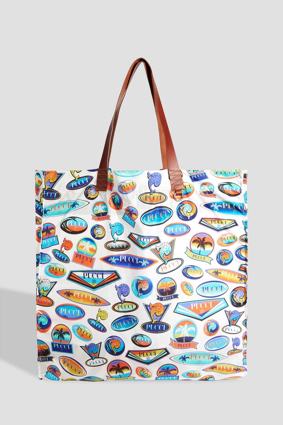 Leather-trimmed printed shell tote