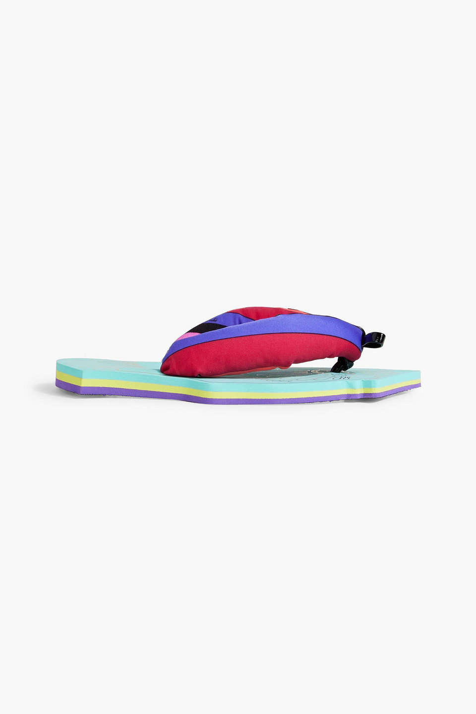 Bow-detailed printed padded jersey flip flops