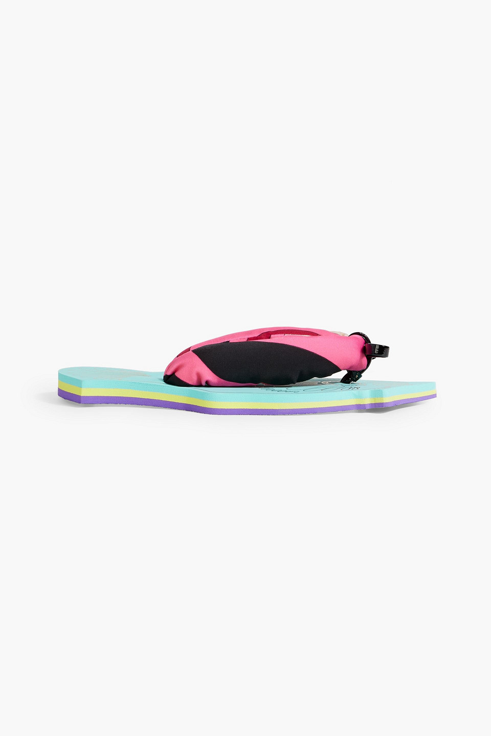 Bow-detailed printed padded jersey flip flops