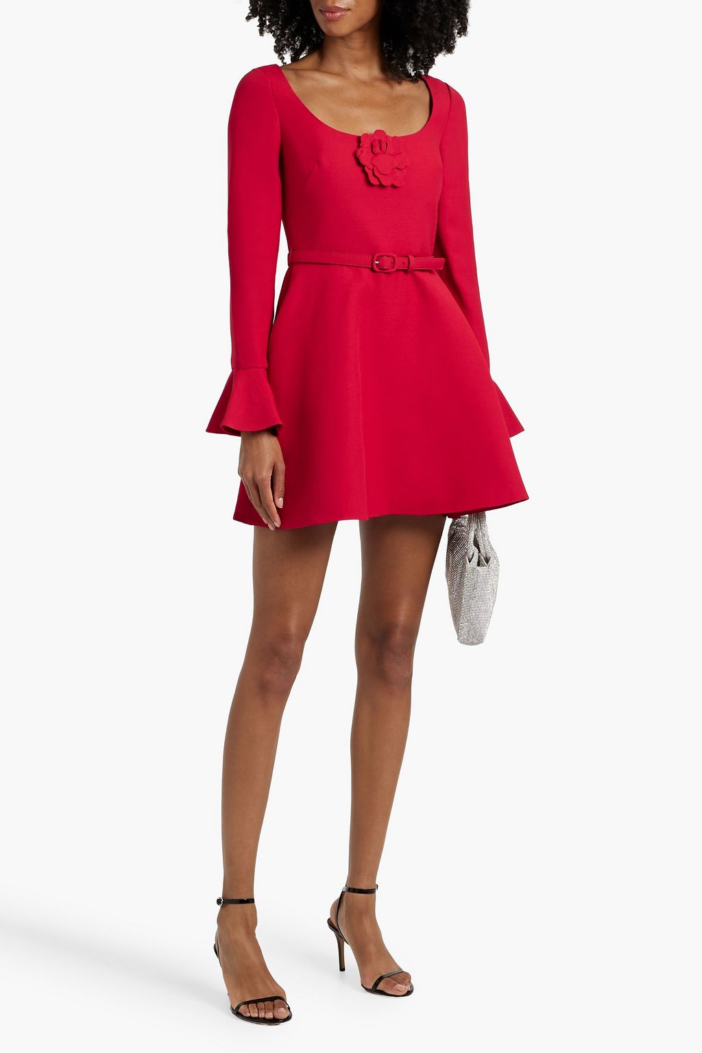 VALENTINO GARAVANI Floral-appliquéd wool and silk-blend crepe mini dress