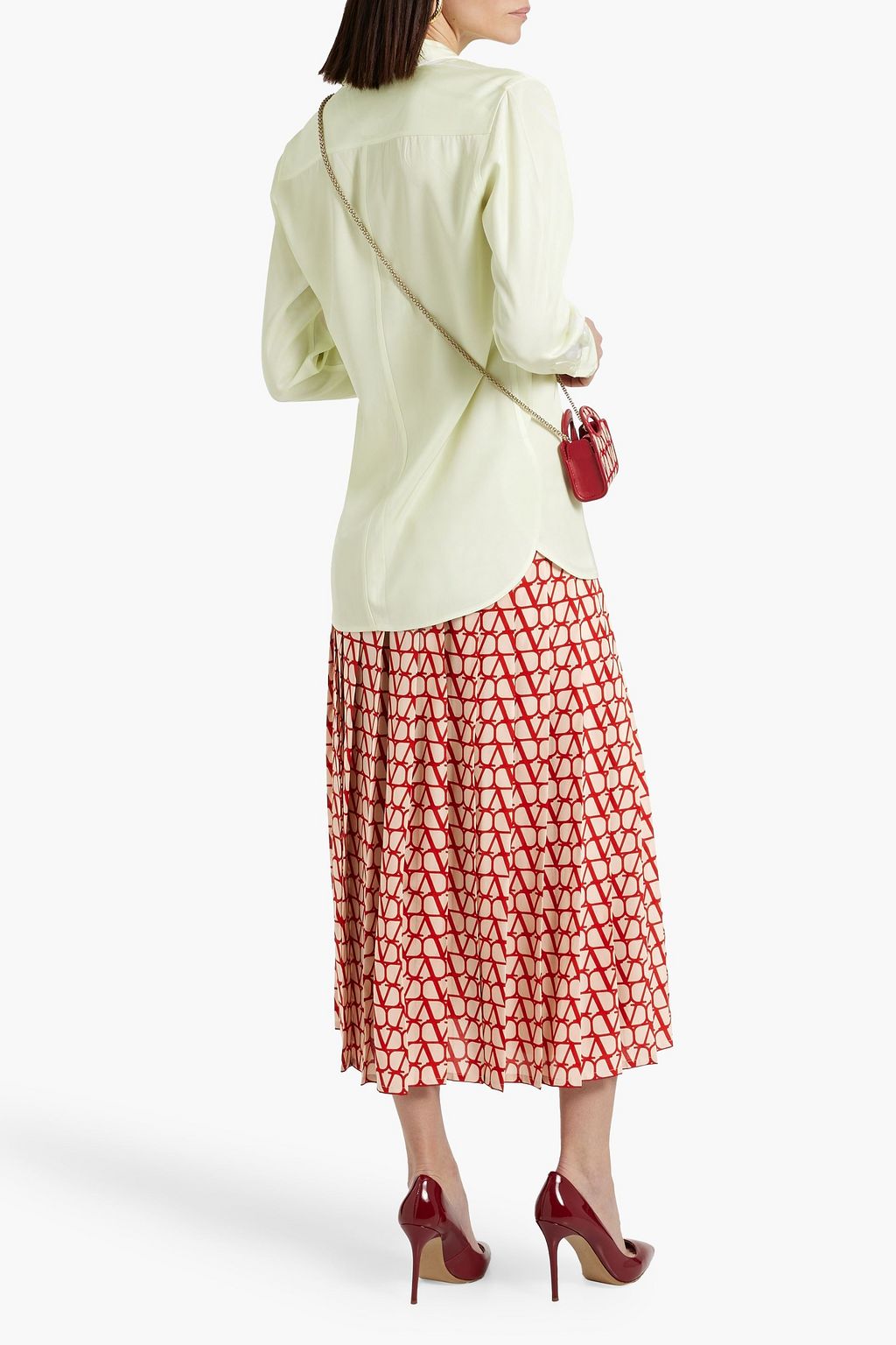 VALENTINO GARAVANI Pleated logo-print silk crepe de chine midi skirt
