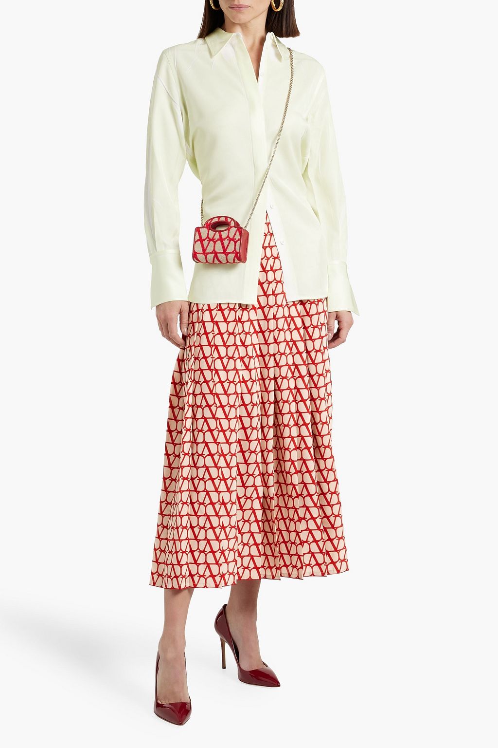 VALENTINO GARAVANI Pleated logo-print silk crepe de chine midi skirt